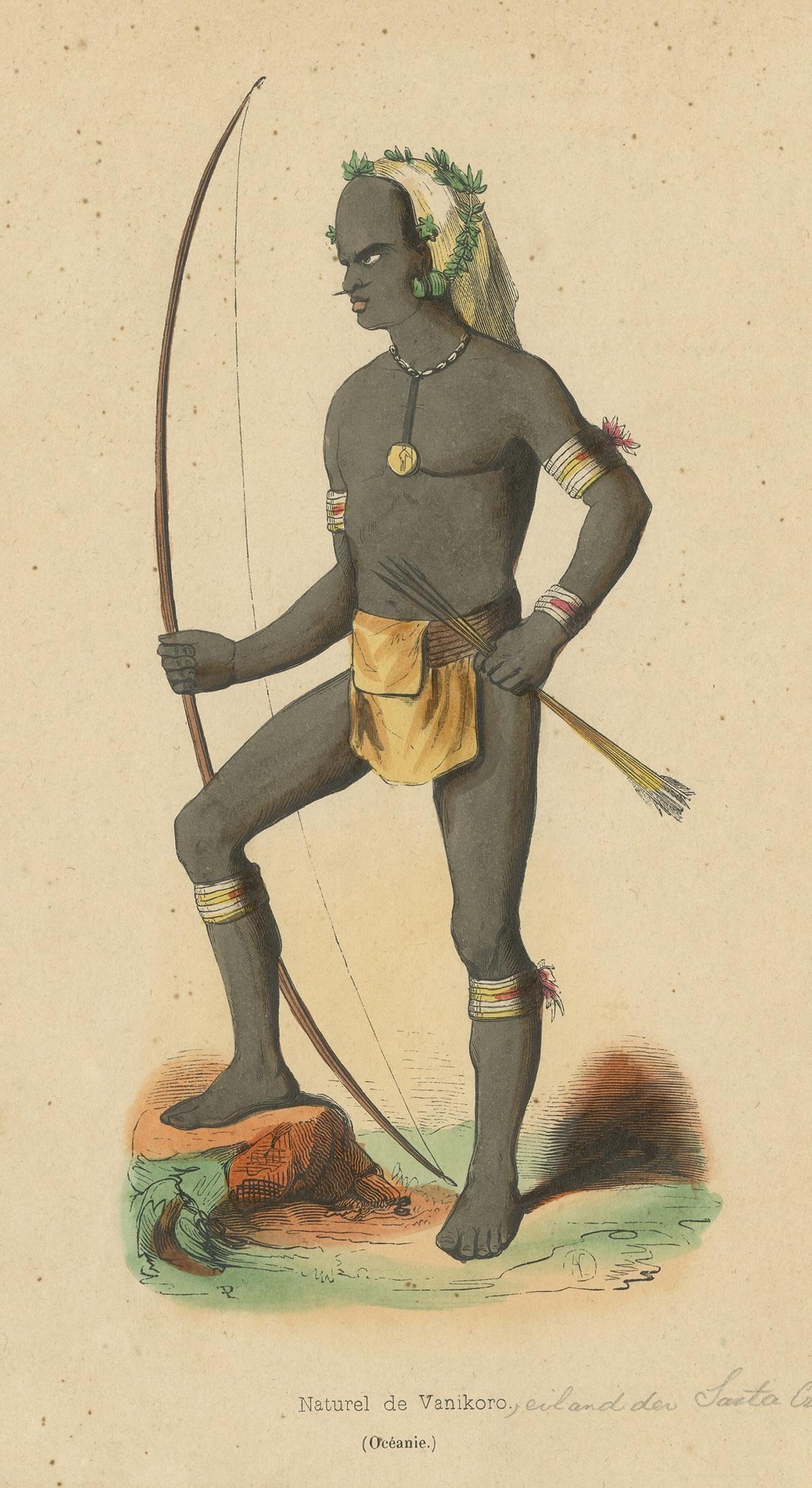 Antique Costume Print of a Warrior of Vanikoro Island by Wahlen, 1843 In Good Condition For Sale In Langweer, NL