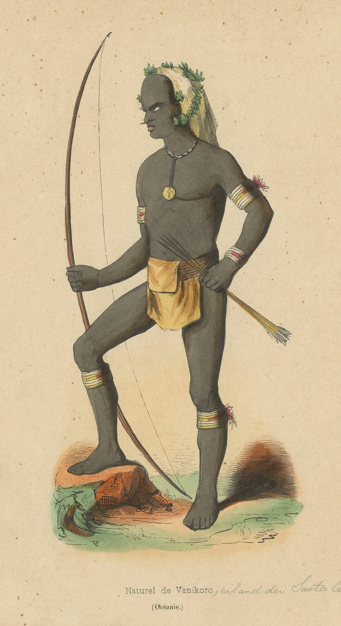 Antique Costume Print of a Warrior of Vanikoro Island by Wahlen, 1843