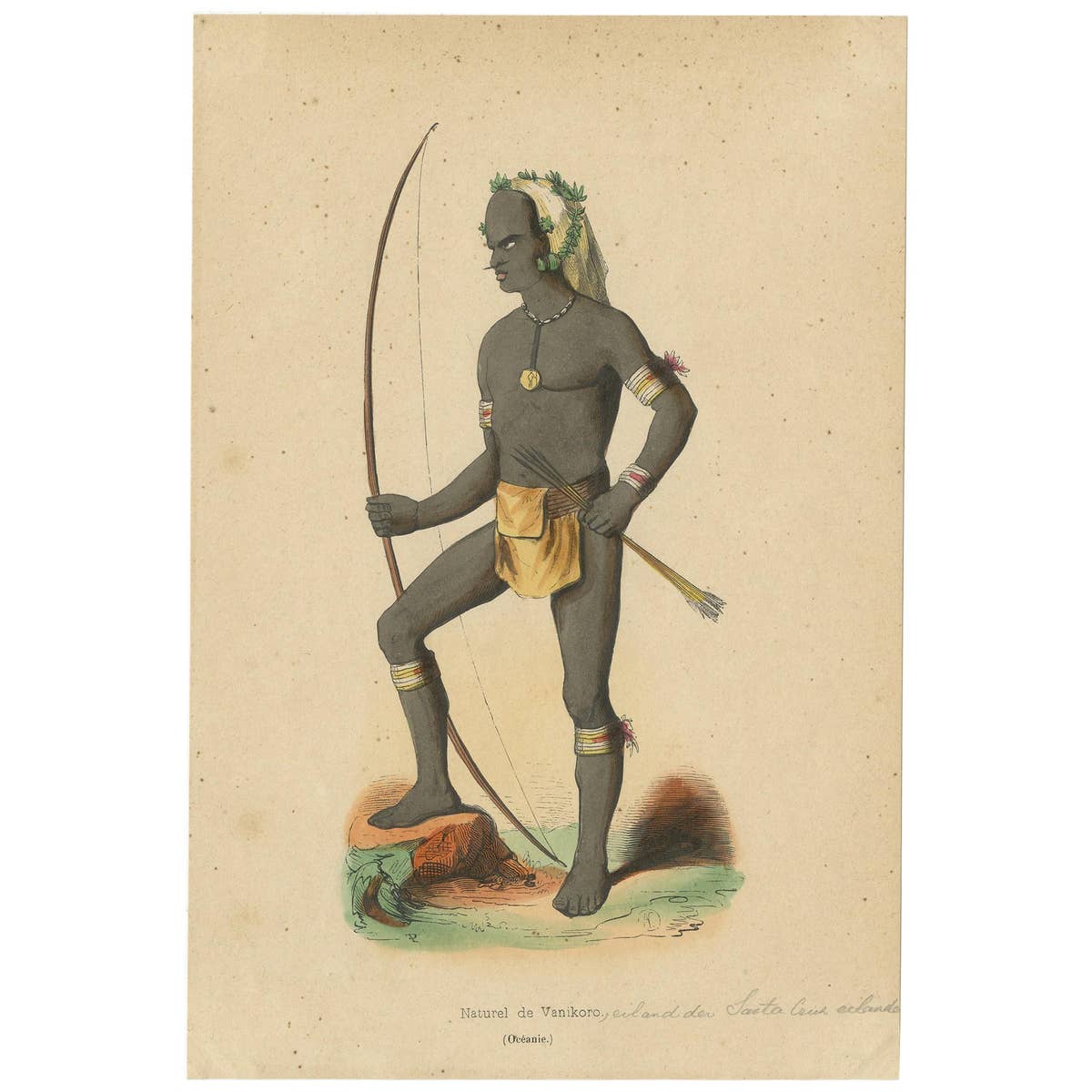 Antique Costume Print of a Warrior of Vanikoro Island by Wahlen, 1843
