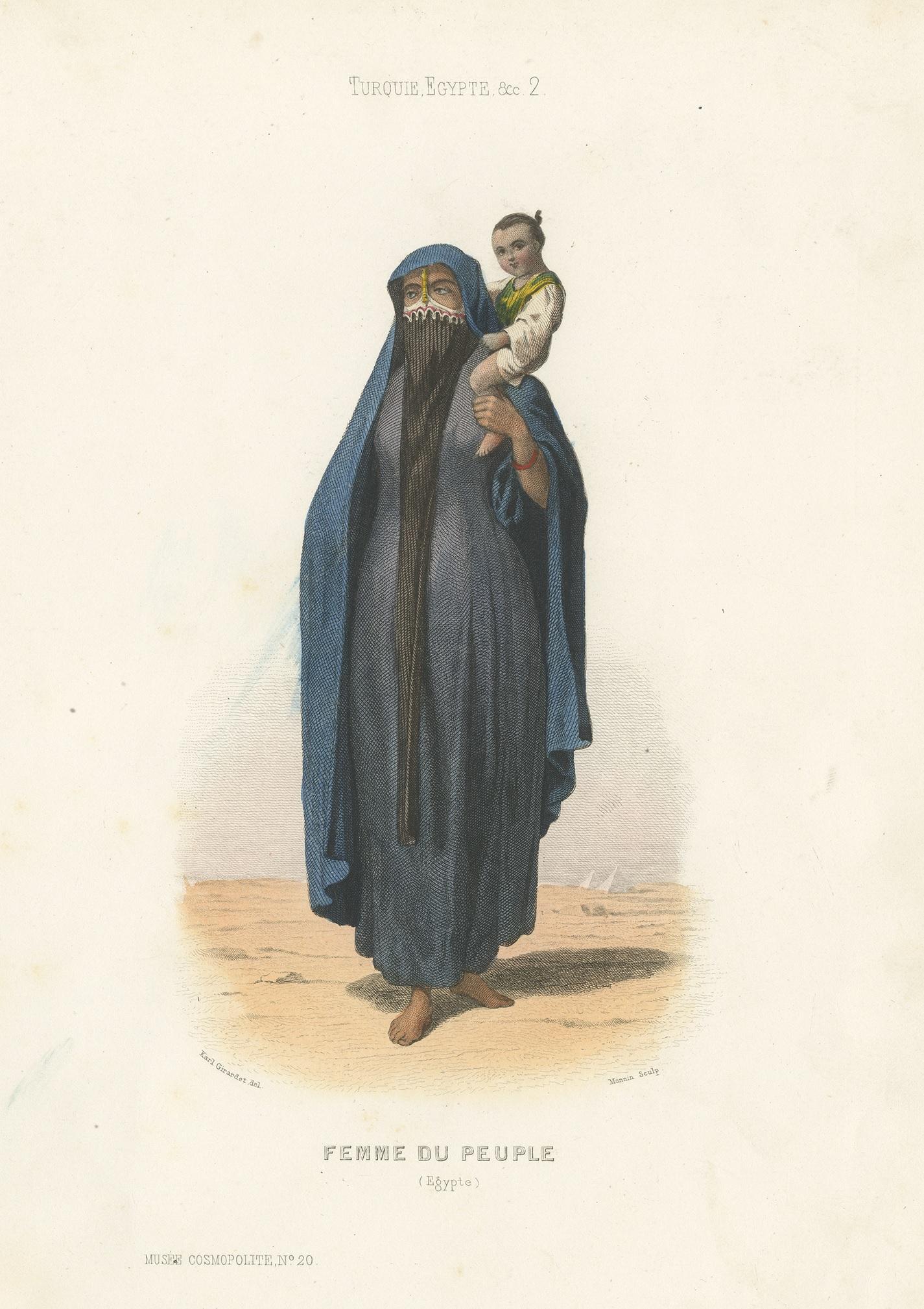 Ancienne estampe de costume d'une femme avec un enfant, Égypte, 1850 Bon état - En vente à Langweer, NL