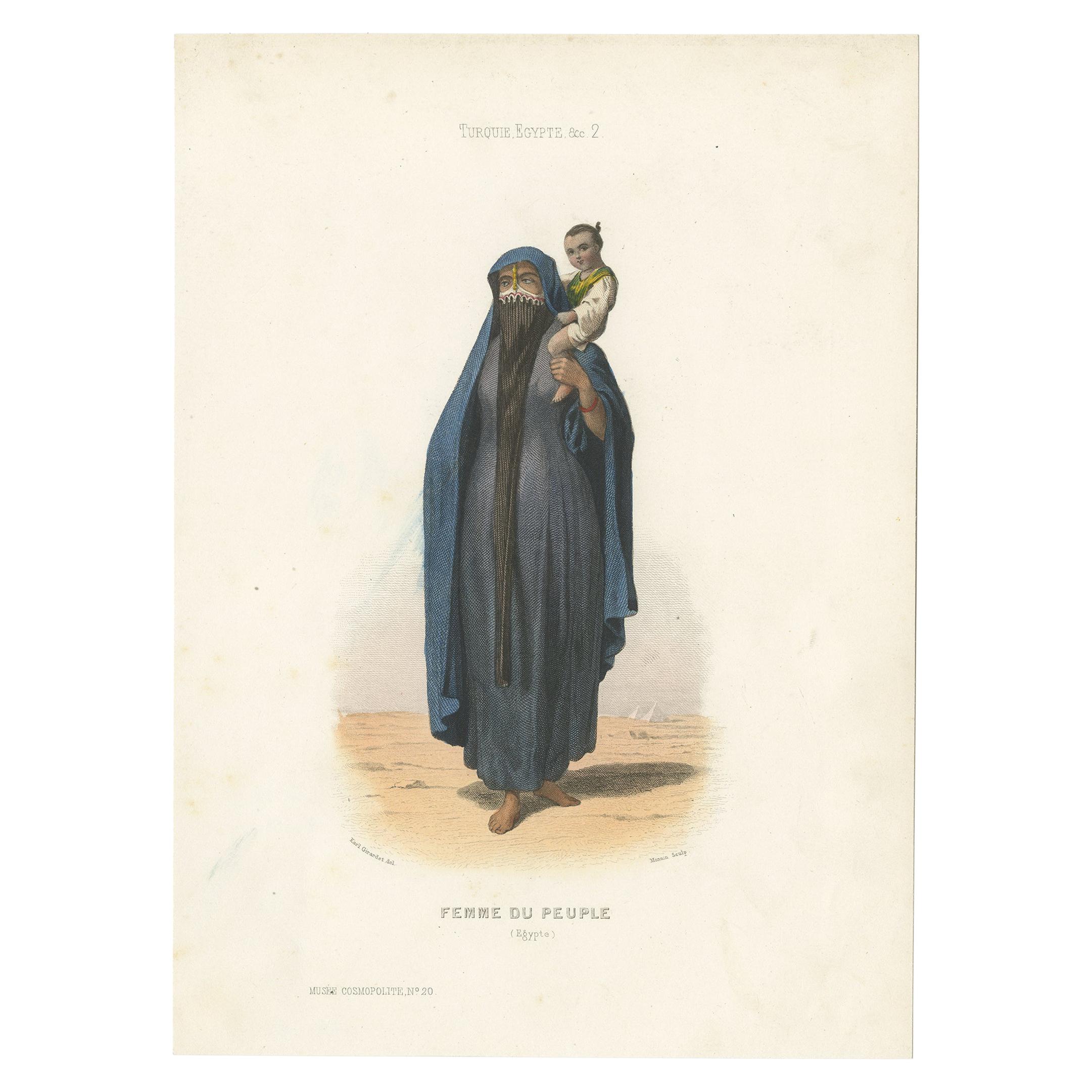 Impression ancienne de costume intitulée 'Femme du Peuple (Egypte)'. Ancienne gravure représentant une femme d'Égypte. Ce tirage provient de 