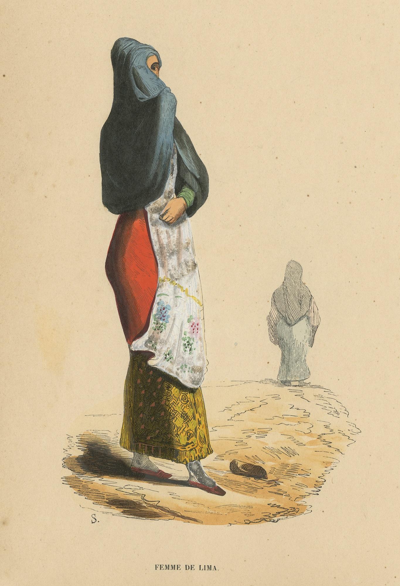 Grabado antiguo de traje de mujer en Lima por Wahlen, 1843 en Bueno estado para la venta en Langweer, NL