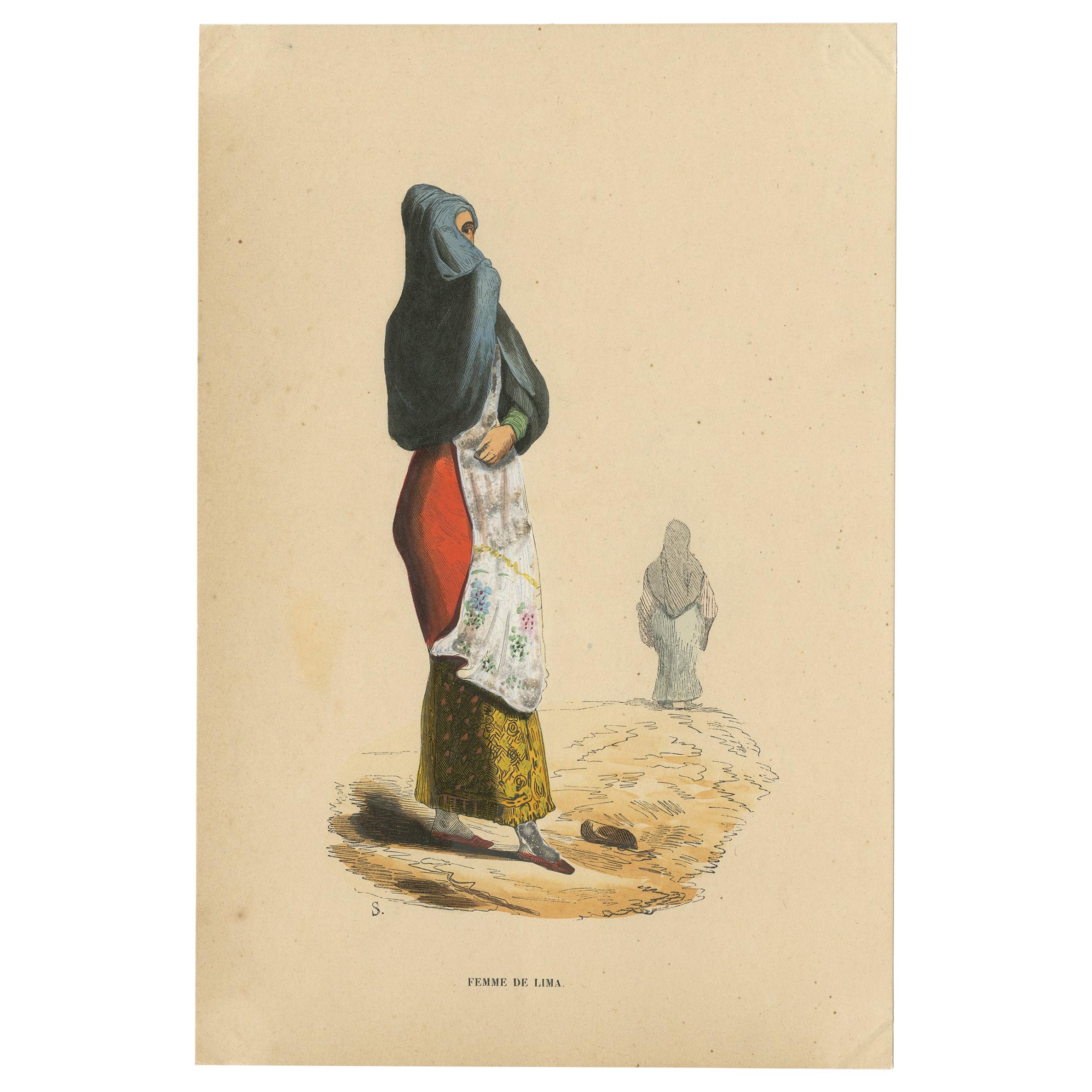 Grabado antiguo de traje de mujer en Lima por Wahlen, 1843