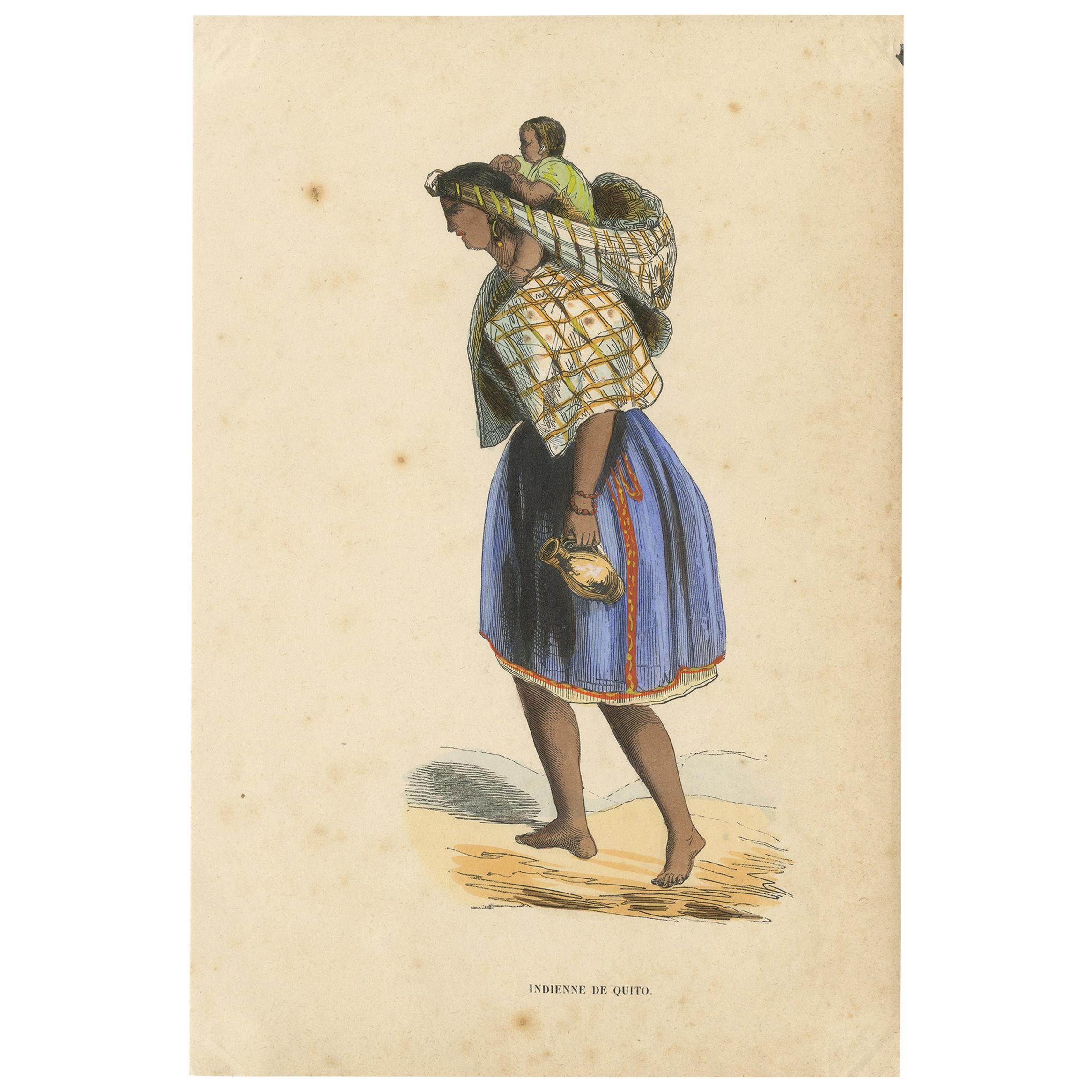 Antique Costume Print of a Woman in Quito by Wahlen, 1843 For Sale