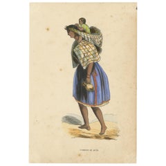 Grabado antiguo de traje de mujer en Quito por Wahlen, 1843