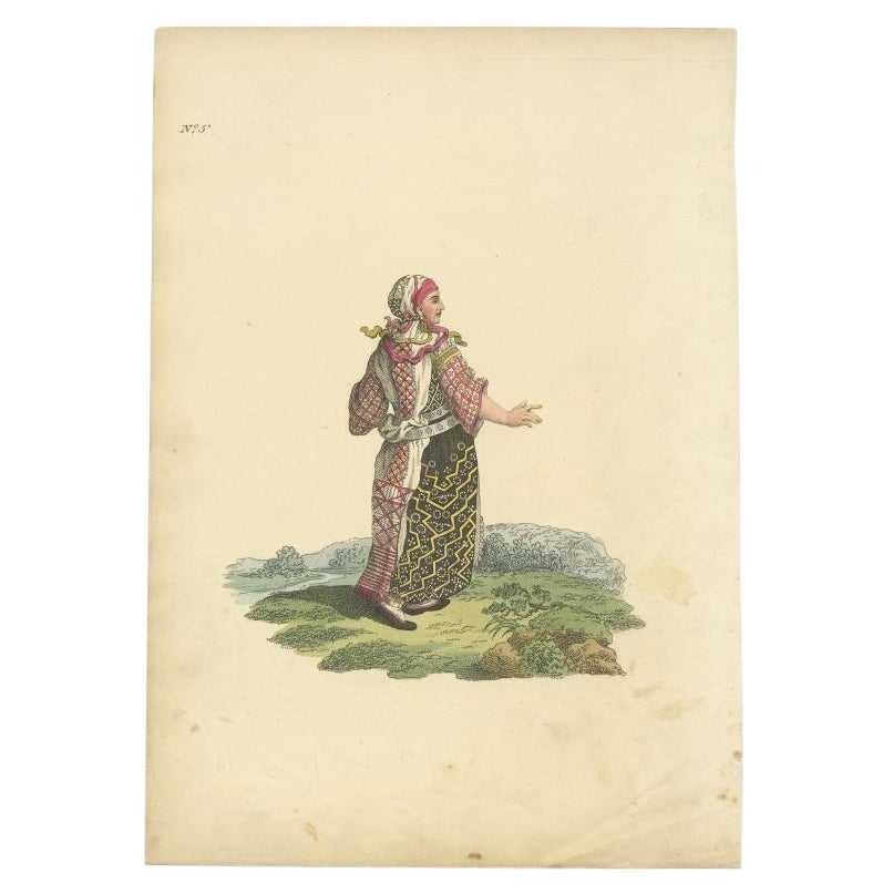 Antiker antiker Kostümdruck einer finnischen Frau in ihrem Urlaubskleid, 1811