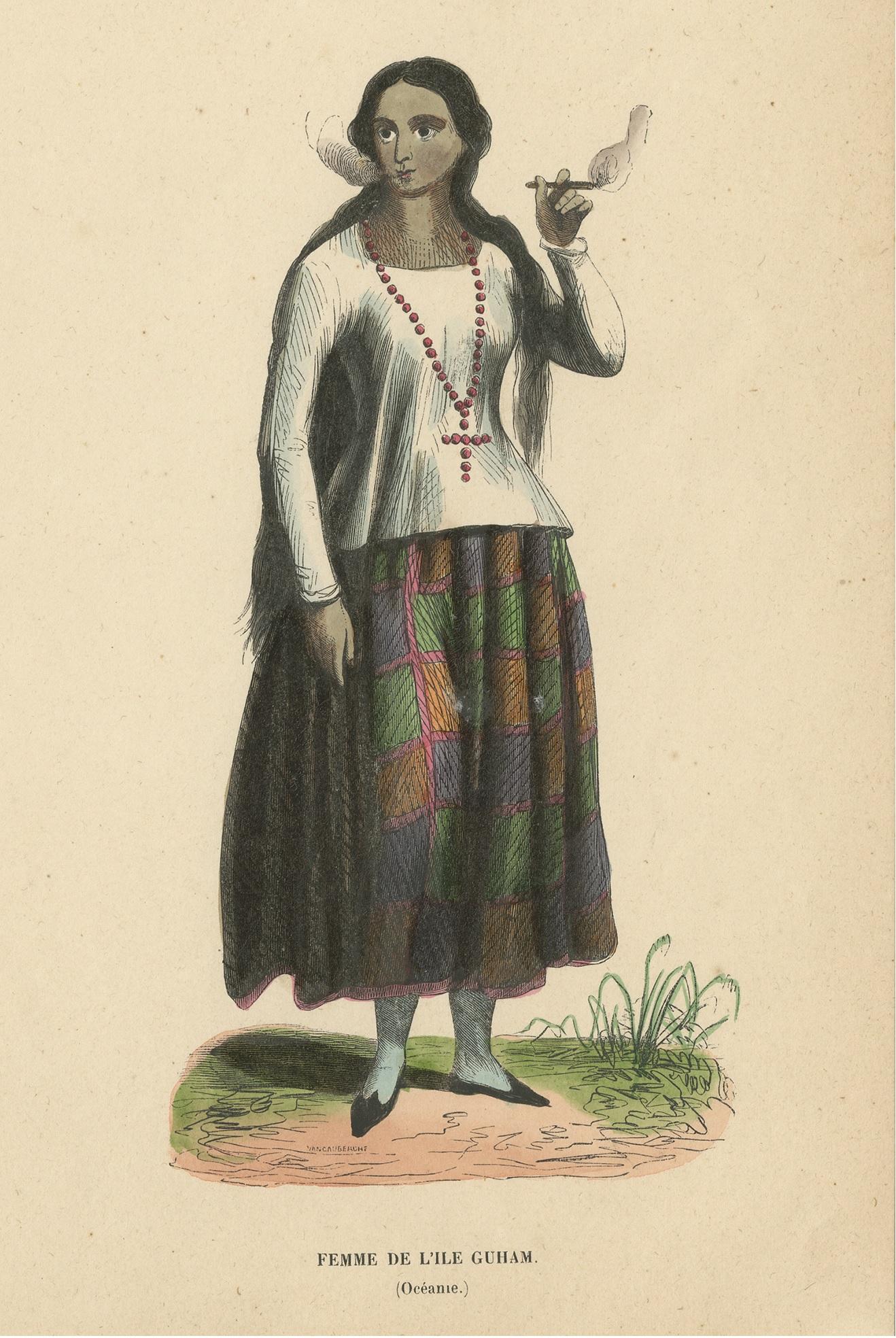 Antique costume print titled 'Femme de l'Ile Guham'. Original antique print of a woman of Guam. This print originates from 'Moeurs, usages et costumes de tous les peuples du monde' by Auguste Wahlen.
