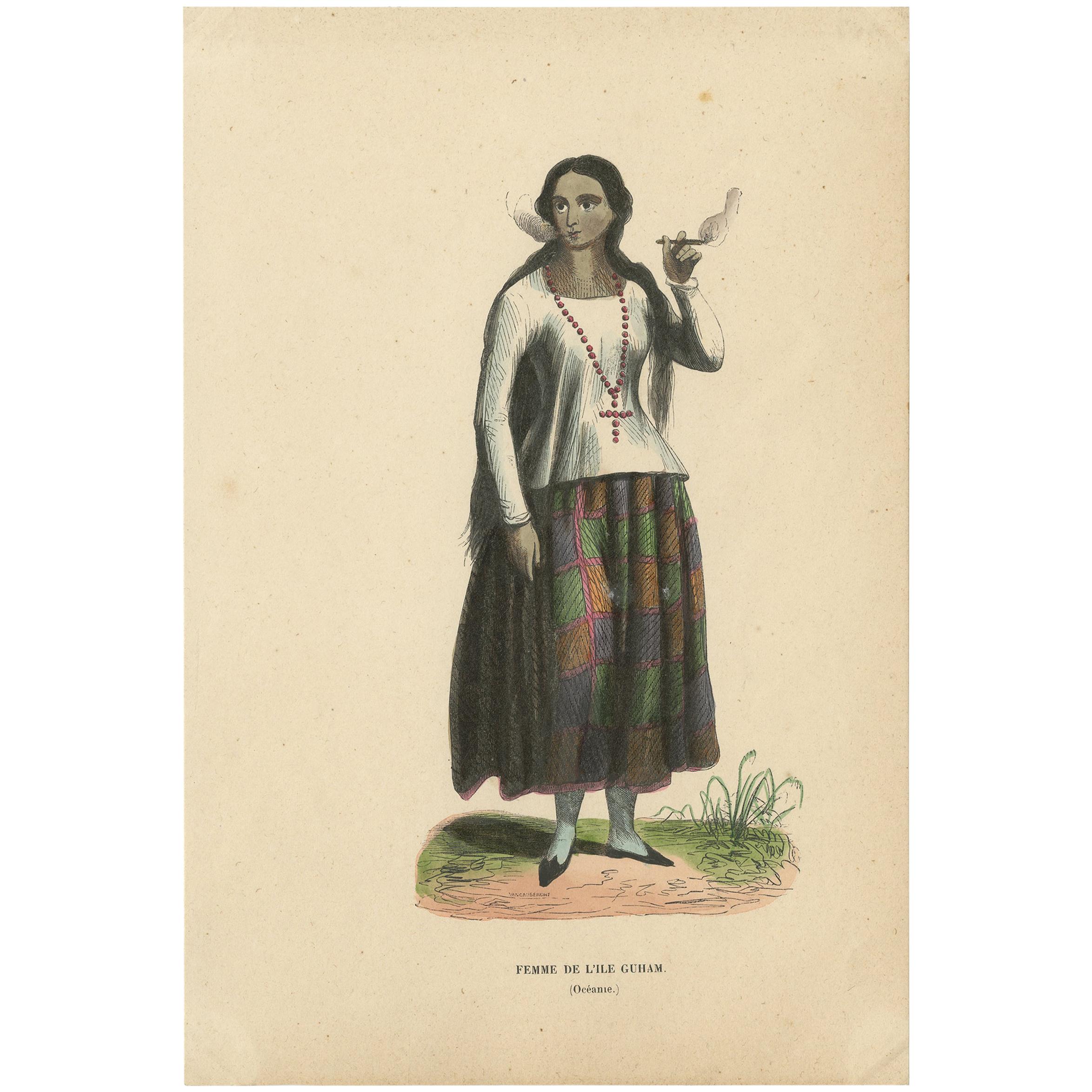 Antique Costume Print of a Woman of Guam by Wahlen, 1843