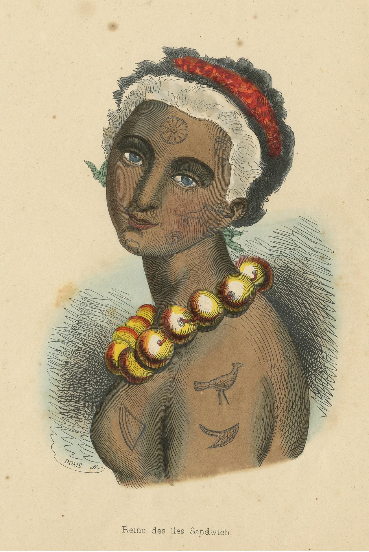 19th Century Antique Costume Print of a Woman of the Sandwich Islands by Wahlen, 1843