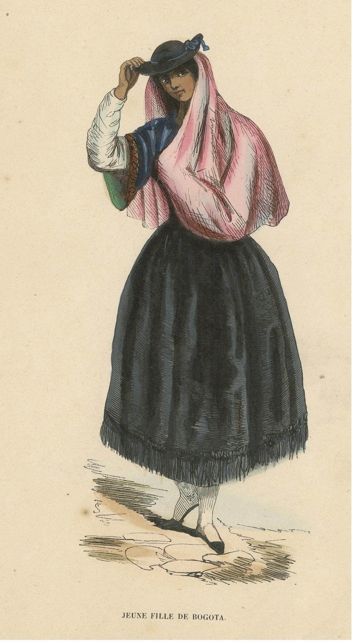 19th Century Antique Costume Print of a Young Lady in Bogotá by Wahlen, 1843 For Sale