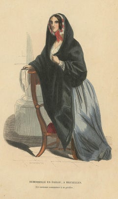 Stampa antica in costume di una giovane donna a Bruxelles di Wahlen, 1843