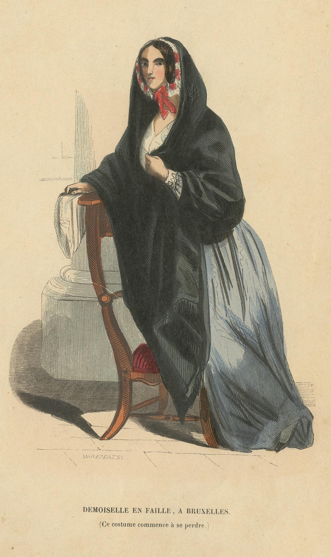 Antique Costume Print of a Young Lady in Brussels by Wahlen, 1843 In Good Condition For Sale In Langweer, NL