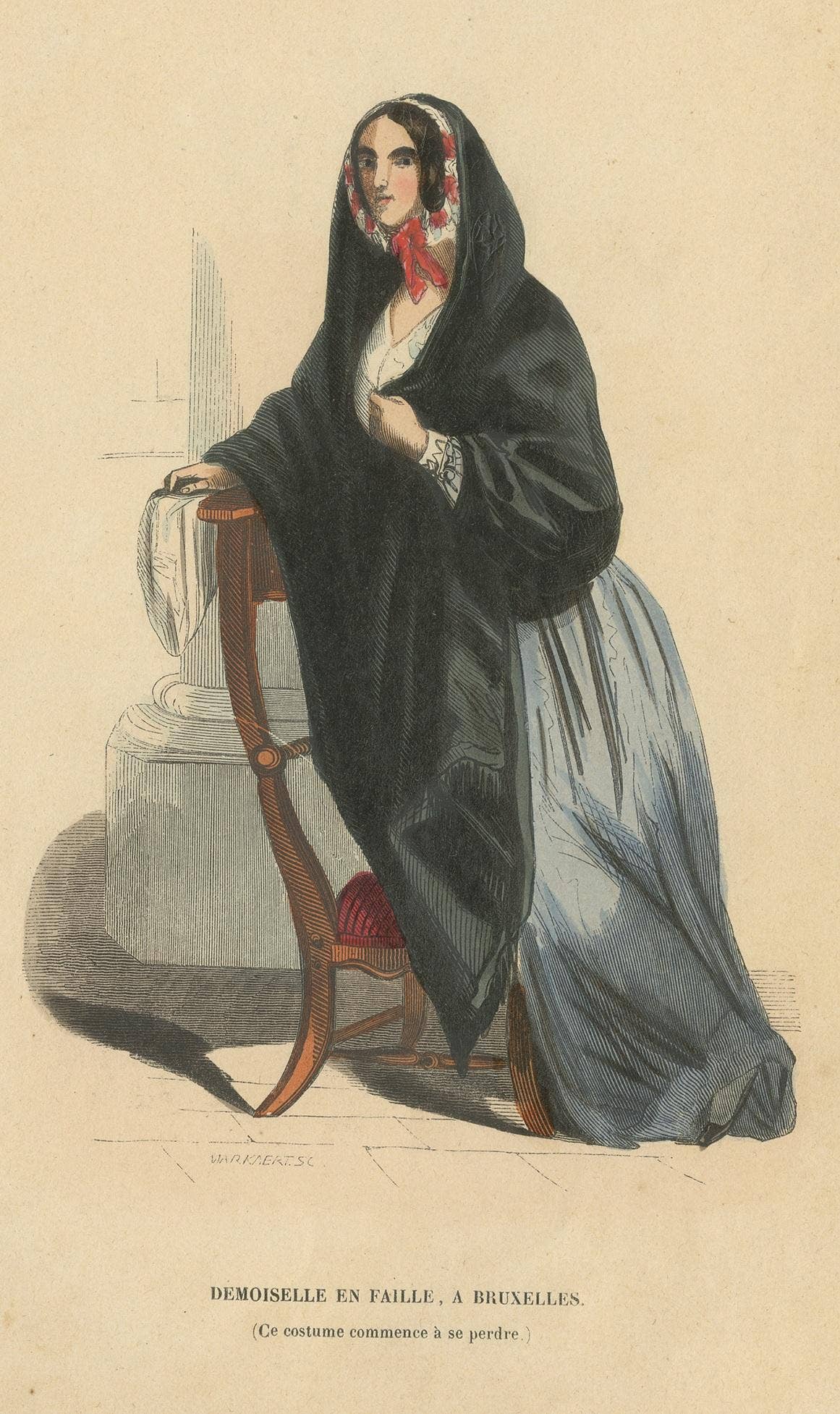 Antique Costume Print of a Young Lady in Brussels by Wahlen, 1843