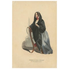 Antique Costume Print of a Young Lady in Brussels by Wahlen, 1843