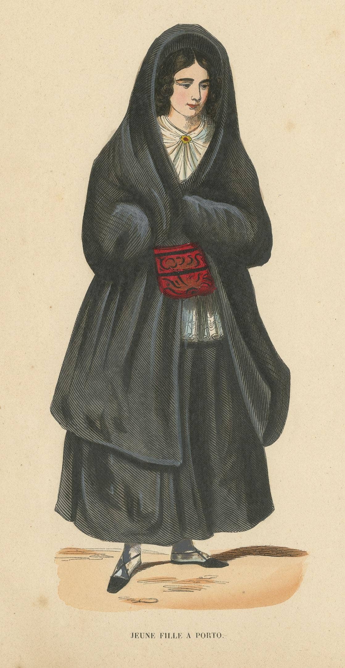 Antique Costume Print of a Young Lady in Porto by Wahlen, 1843