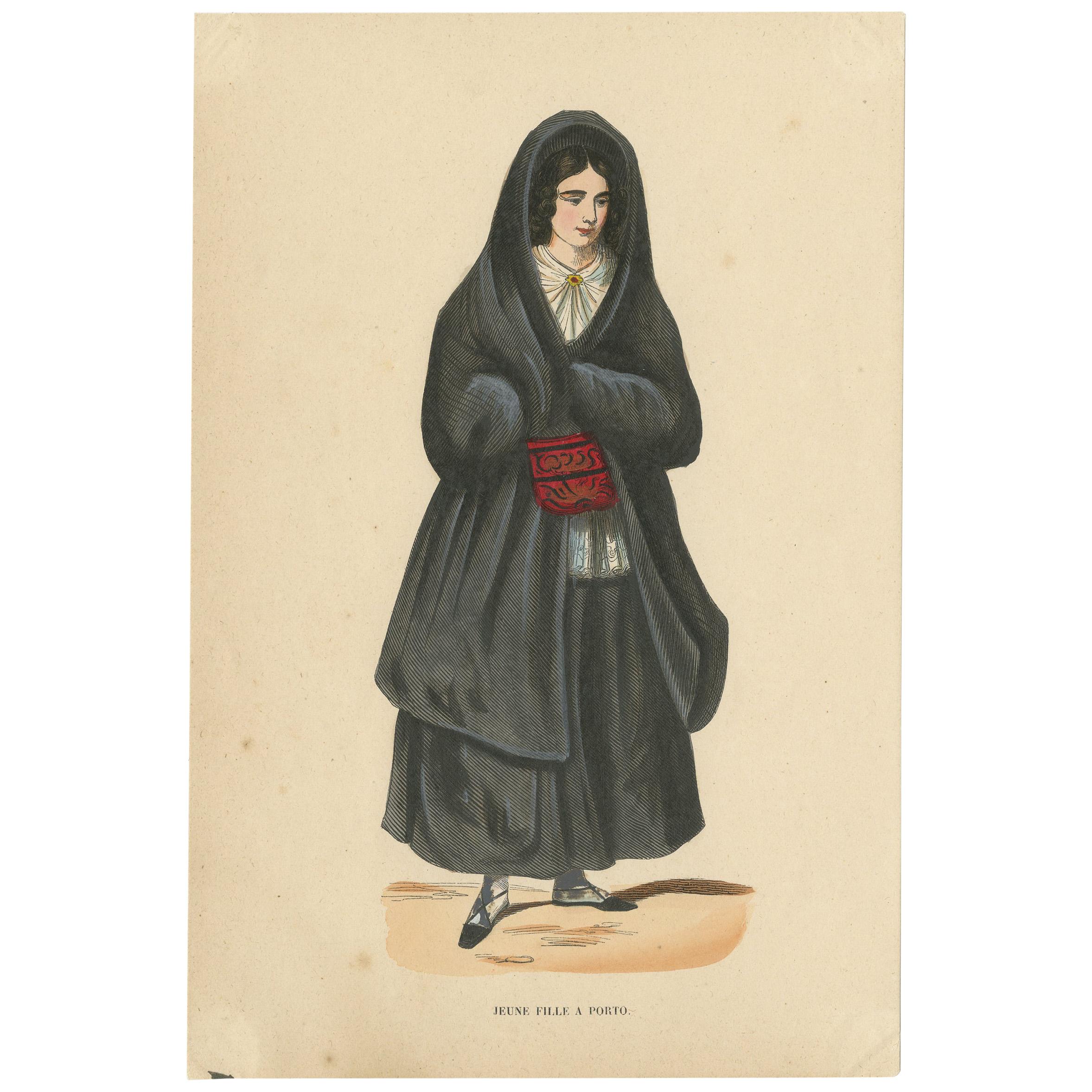 Antique Costume Print of a Young Lady in Porto by Wahlen, 1843