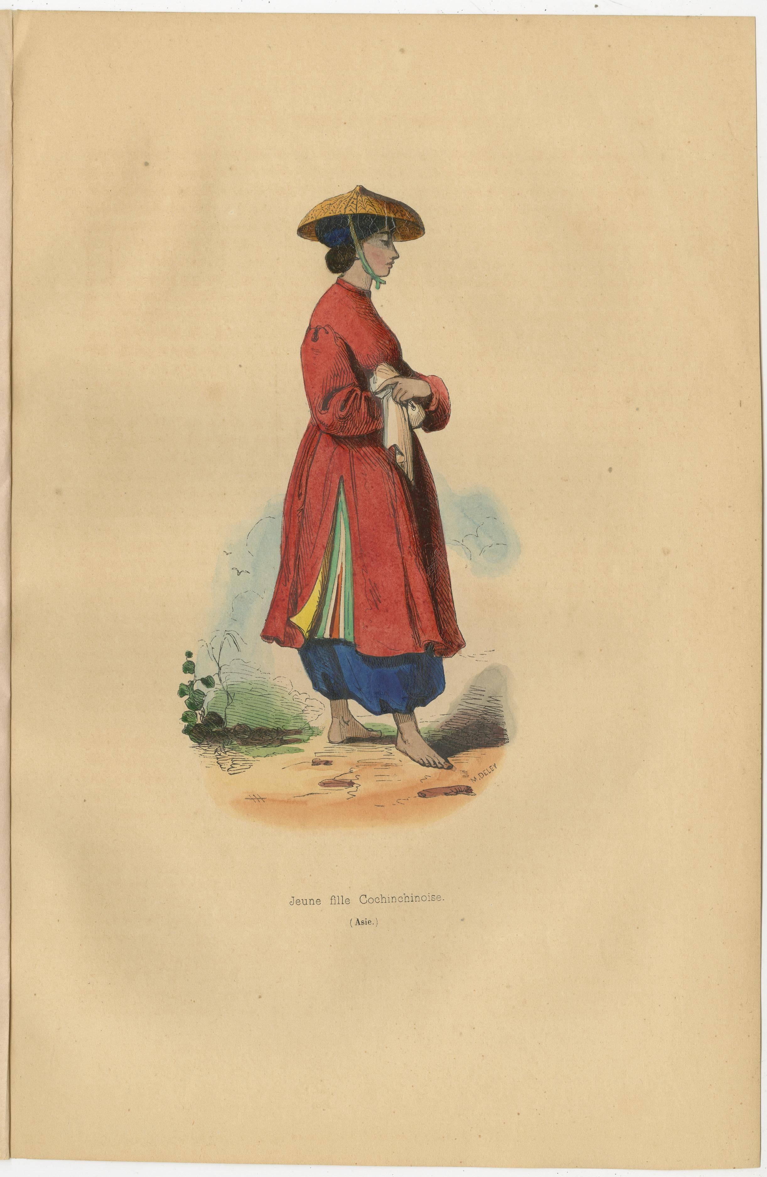 19th Century Antique Costume Print of a Young Lady of Cochinchina by Wahlen, 1843 For Sale
