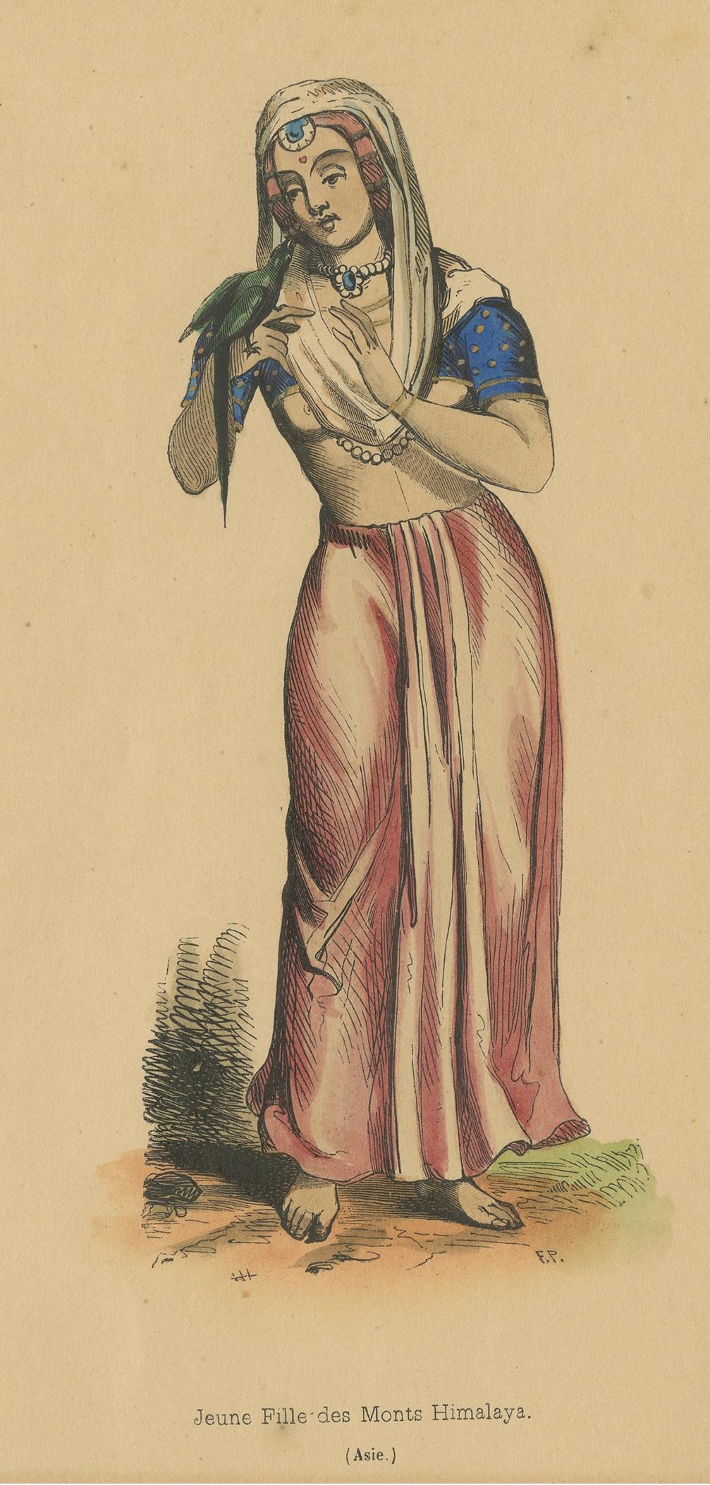 Impression ancienne d'une jeune femme sur le mont Himalaya par Wahlen '1843' Bon état - En vente à Langweer, NL
