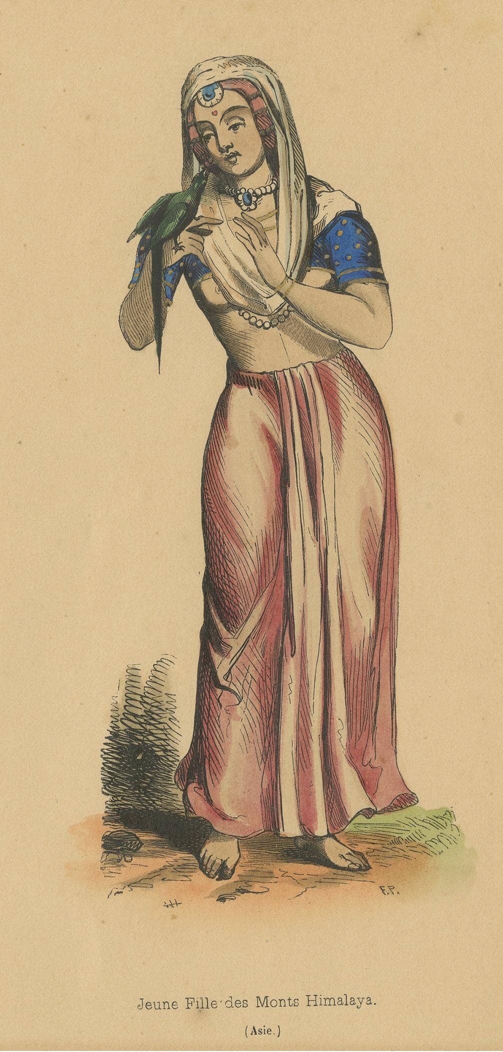 Antique Costume Print of a Young Lady of Mount Himalayas by Wahlen '1843'