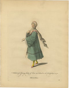 Antique Costume Print of a Young Lady of Tine, Greek Islands Engraving, 1749