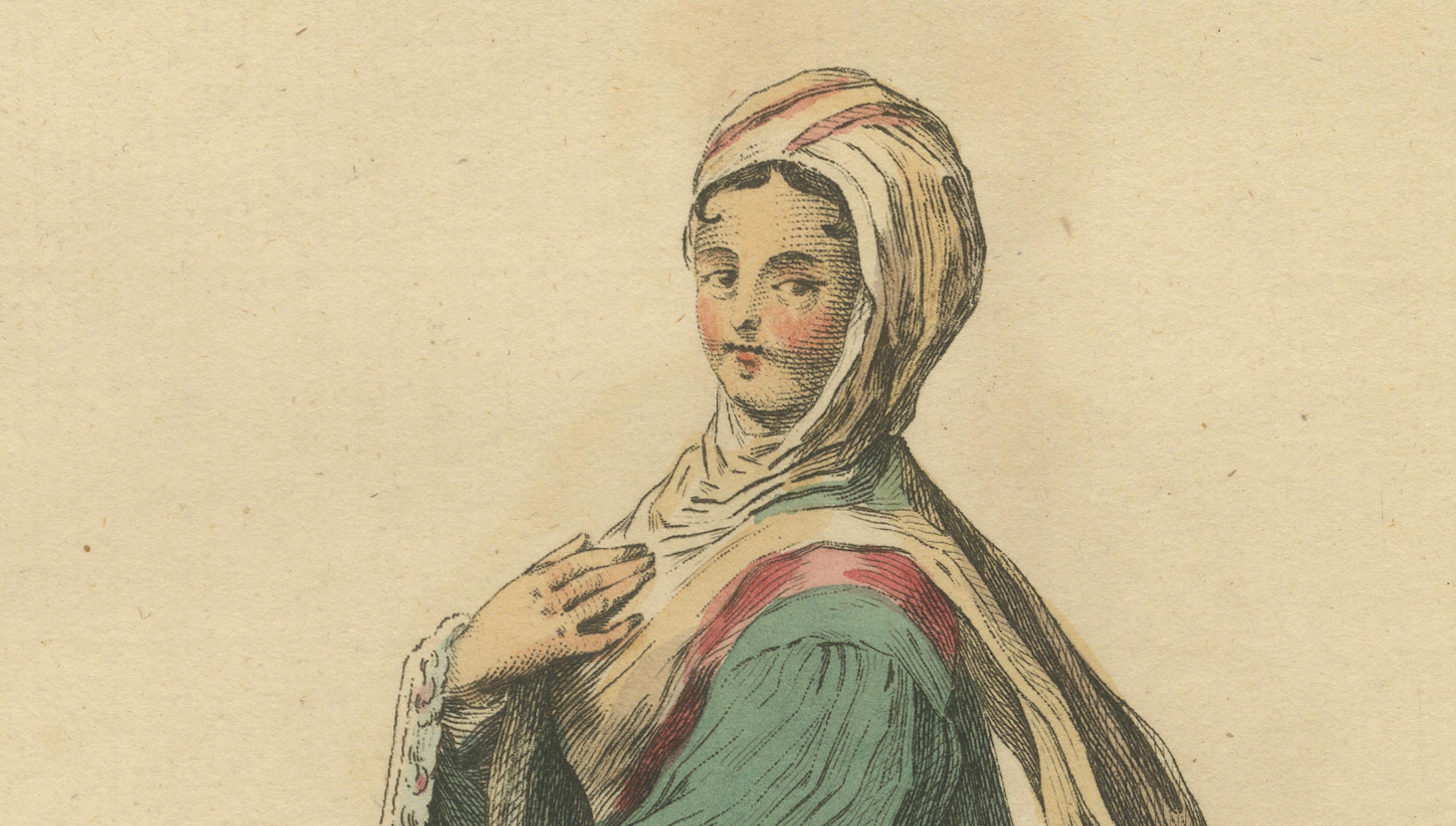 Antique Costume Print of a Young Lady of Tine, Greek Islands Engraving, 1749