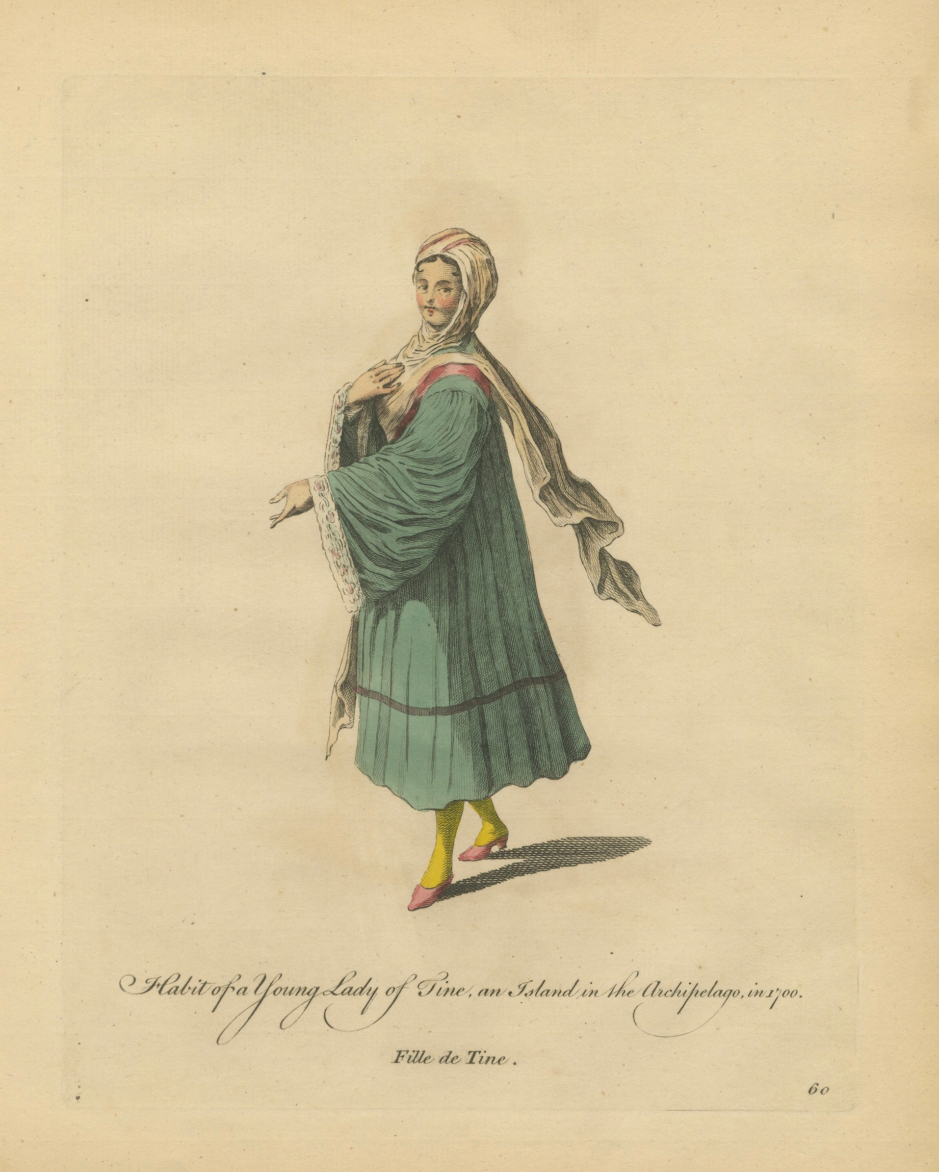 Antique Costume Print of a Young Lady of Tine, Greek Islands Engraving, 1749 For Sale