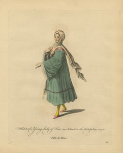 Antique Costume Print of a Young Lady of Tine, Greek Islands Engraving, 1749