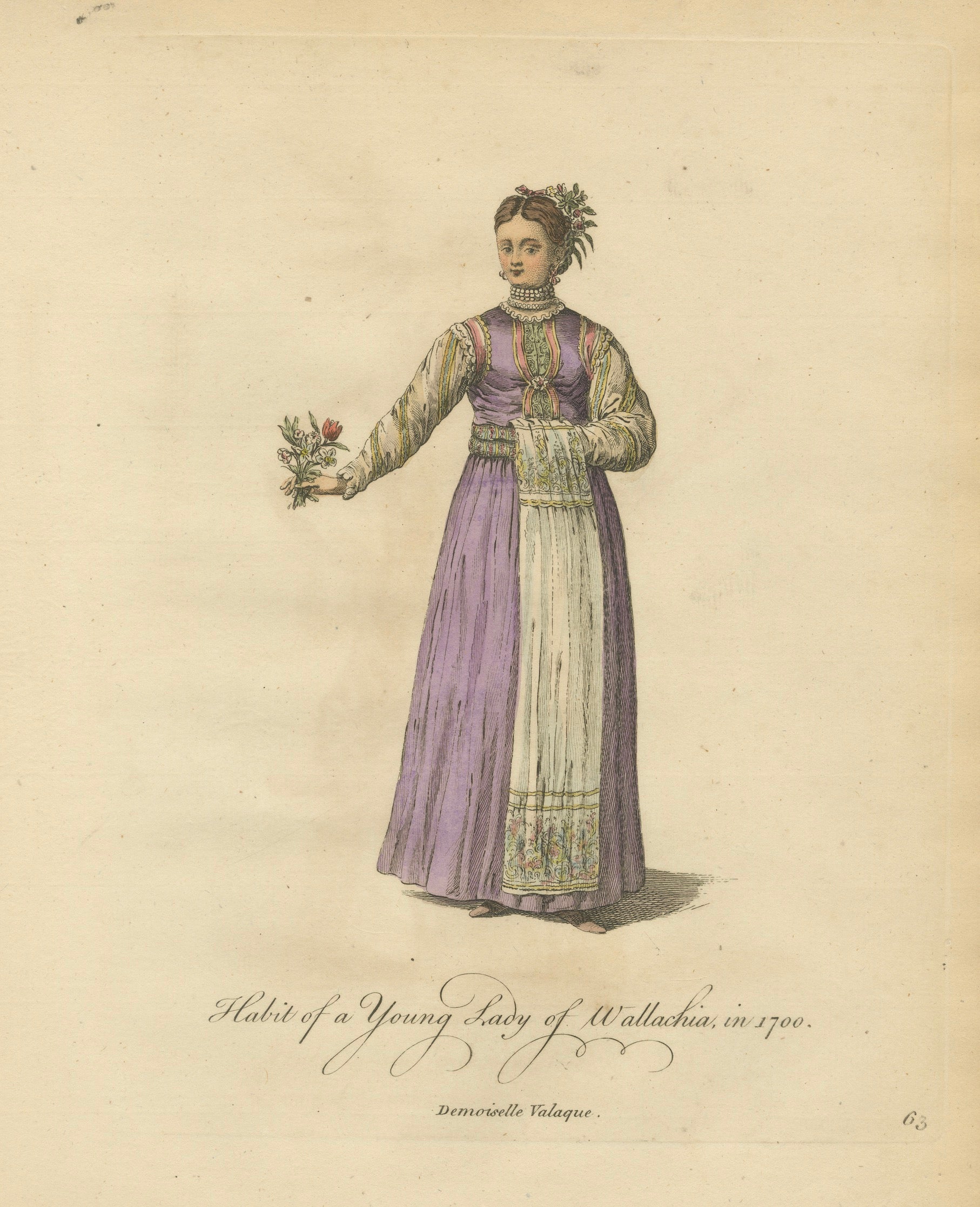 Antiker Kostümdruck einer jungen Dame aus der Walachei, Kupferstich Jefferys, 1749