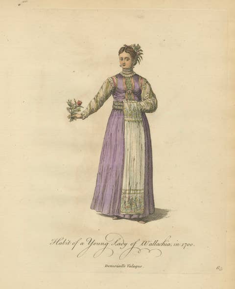 Antique Costume Print of a Young Lady of Wallachia, Engraving Jefferys, 1749