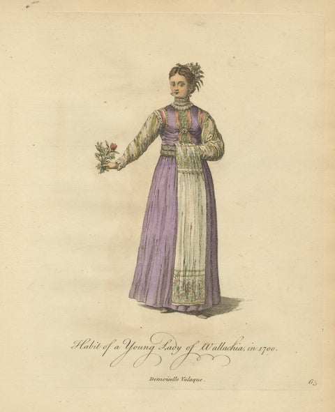 Antique Costume Print of a Young Lady of Wallachia, Engraving Jefferys, 1749