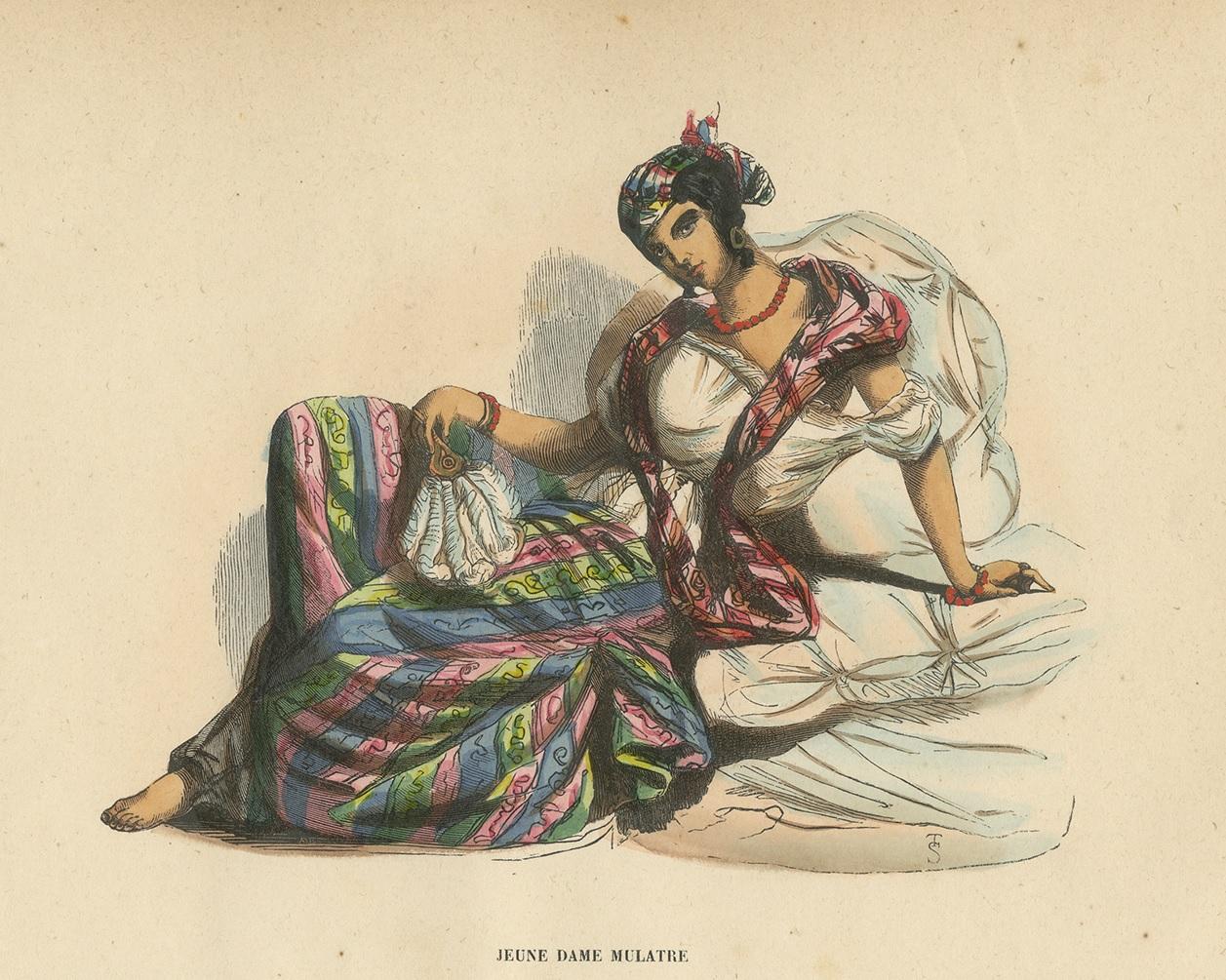 19th Century Antique Costume Print of a Young Mulatta by Wahlen, 1843 For Sale