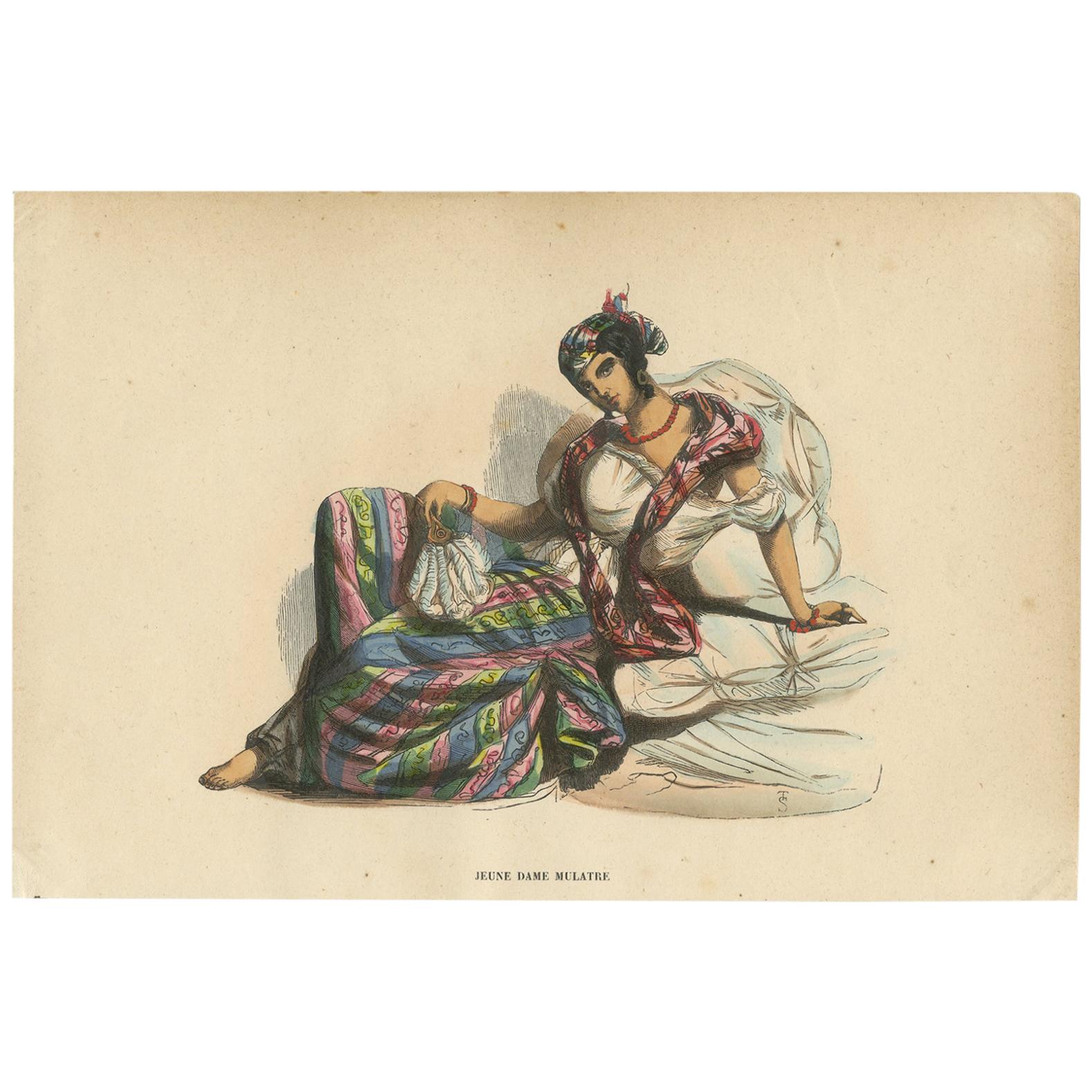 Antique Costume Print of a Young Mulatta by Wahlen, 1843 For Sale