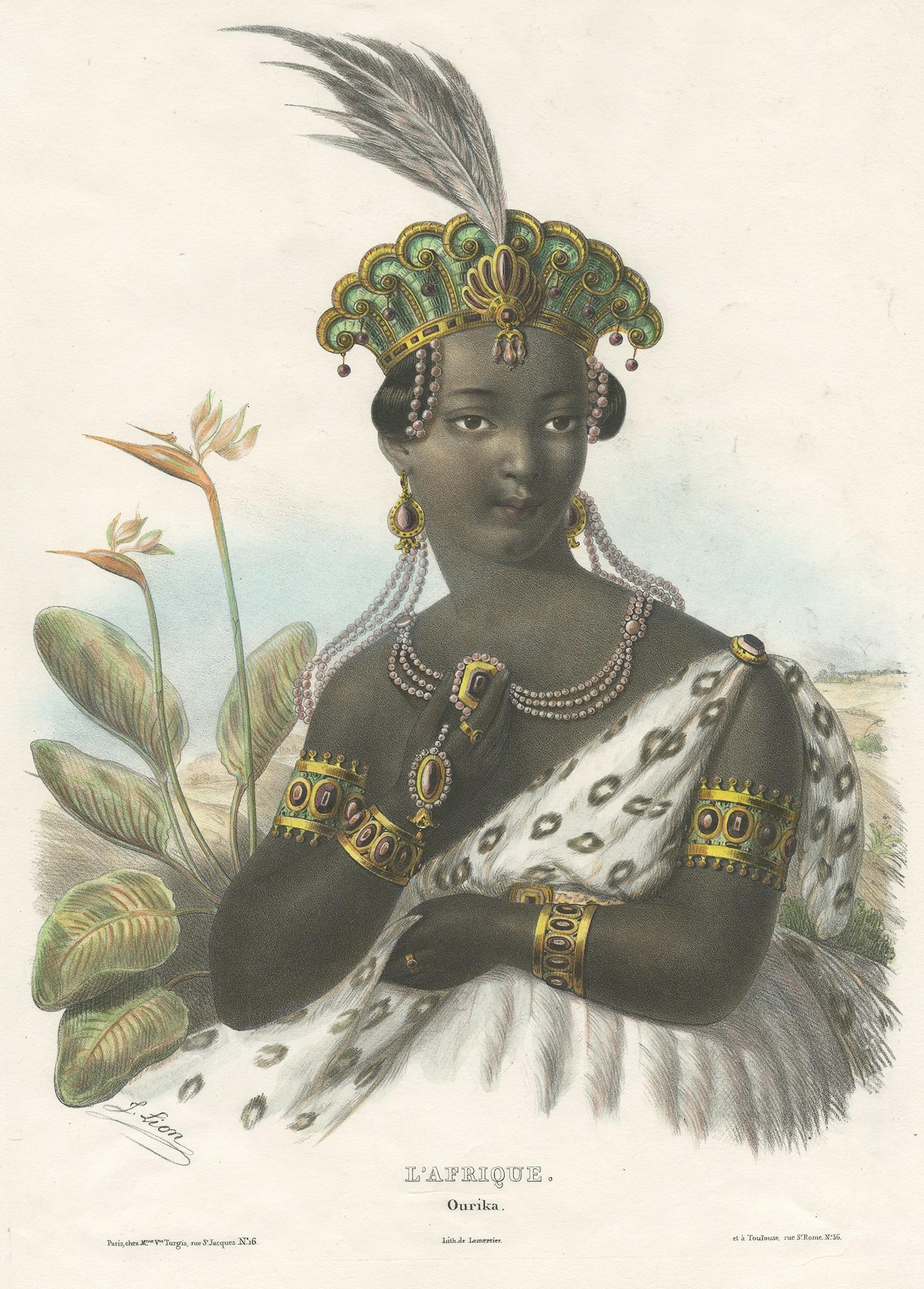 Antique print titled 'L'Afrique - Ourika'. Beautiful lithograph of an African costume. Lithographed by Lemercier, circa 1840.