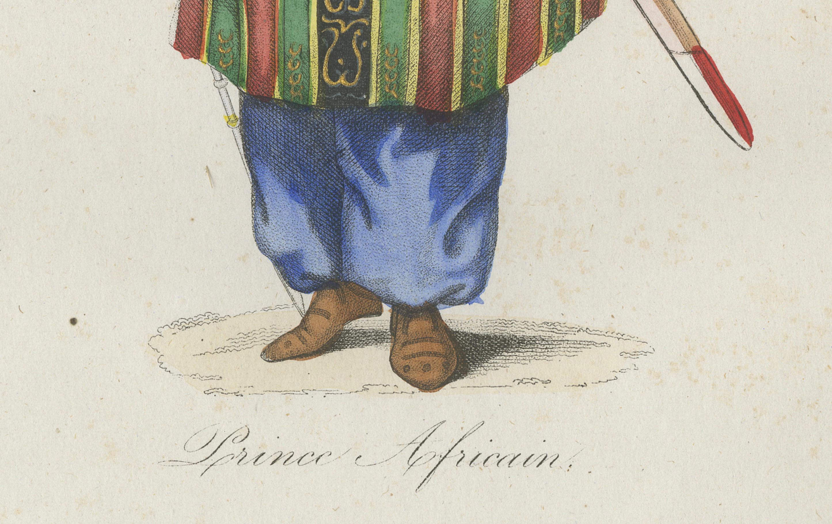 Antiker Kostümdruck eines afrikanischen Prinzen in Zeremonienkleidung, 1854

Diese reichhaltig handkolorierte Lithografie, die 1854 im Album des Voyages Anciens et Modernes von Martial Ardant Frères veröffentlicht wurde, zeigt einen 
