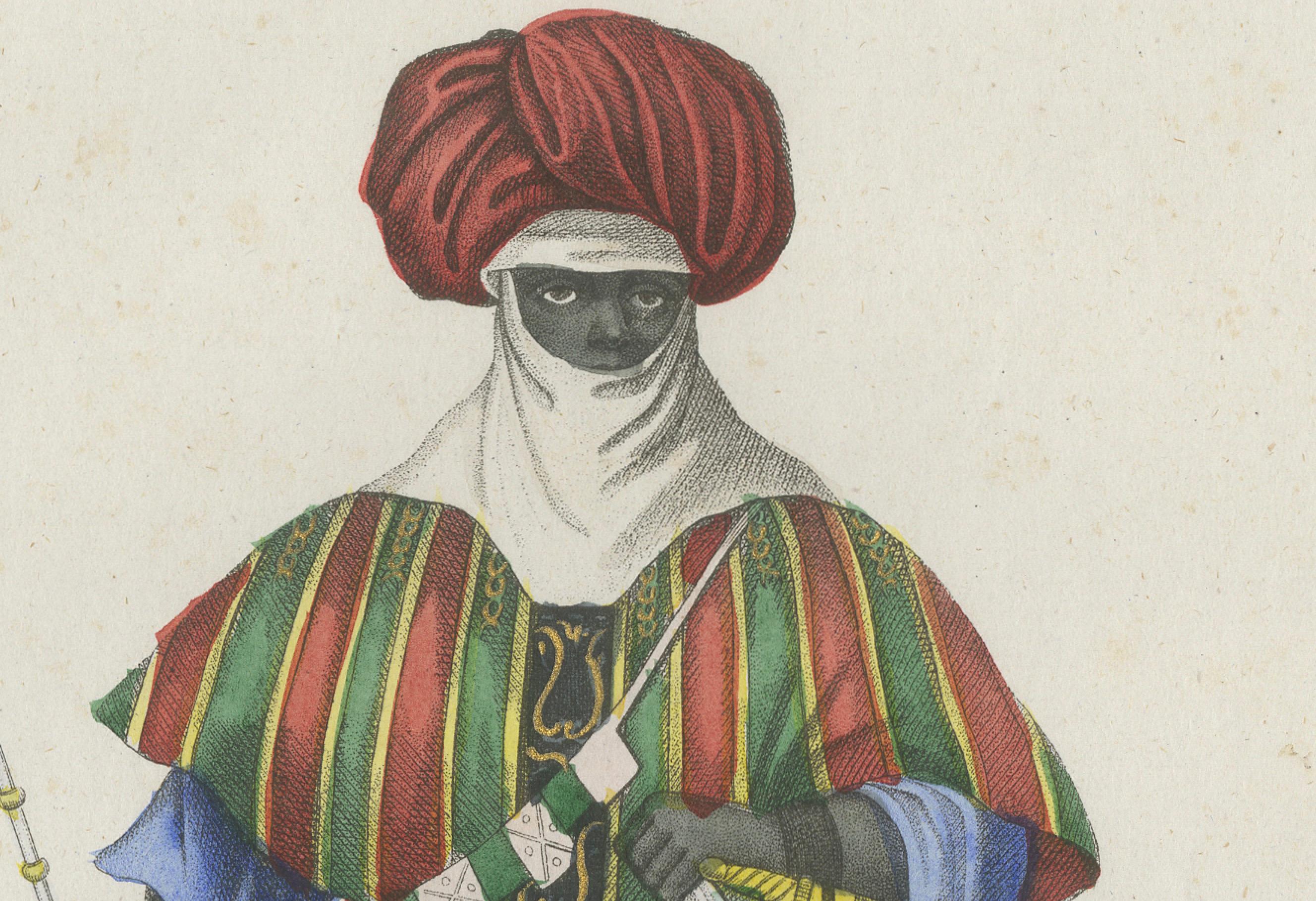 Antiker Kost�ümdruck eines afrikanischen Prinzen in Zeremonienkleidung, 1854 im Zustand „Gut“ im Angebot in Langweer, NL