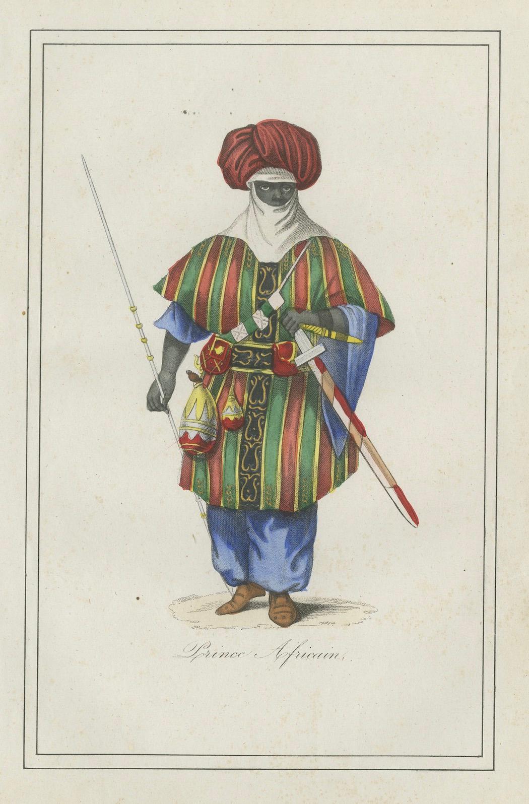 Antiker Kostümdruck eines afrikanischen Prinzen in Zeremonienkleidung, 1854 (Papier) im Angebot