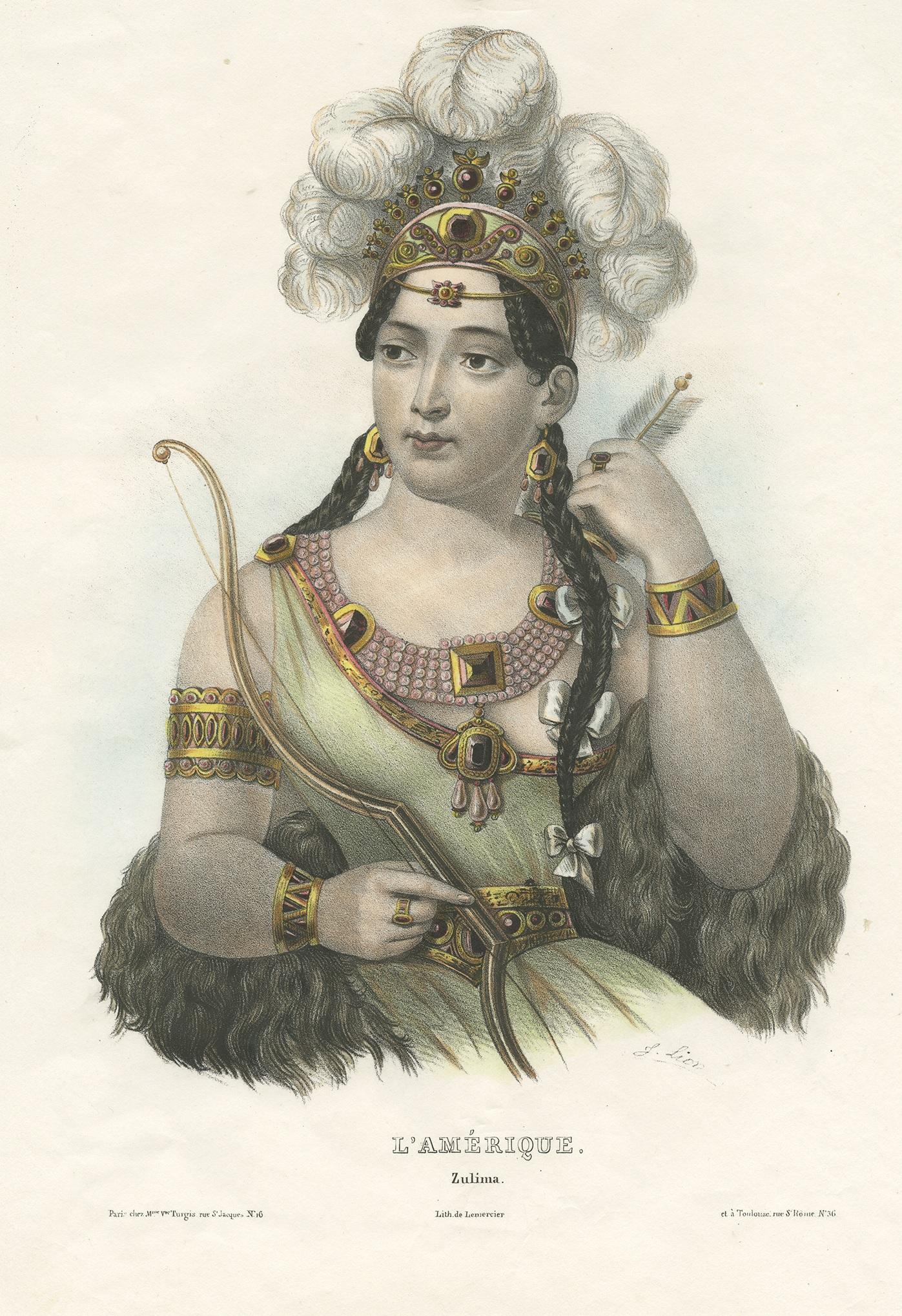 Antique print titled 'L'Amérique - Zulima'. Beautiful lithograph of an American costume. Lithographed by Lemercier, circa 1840.