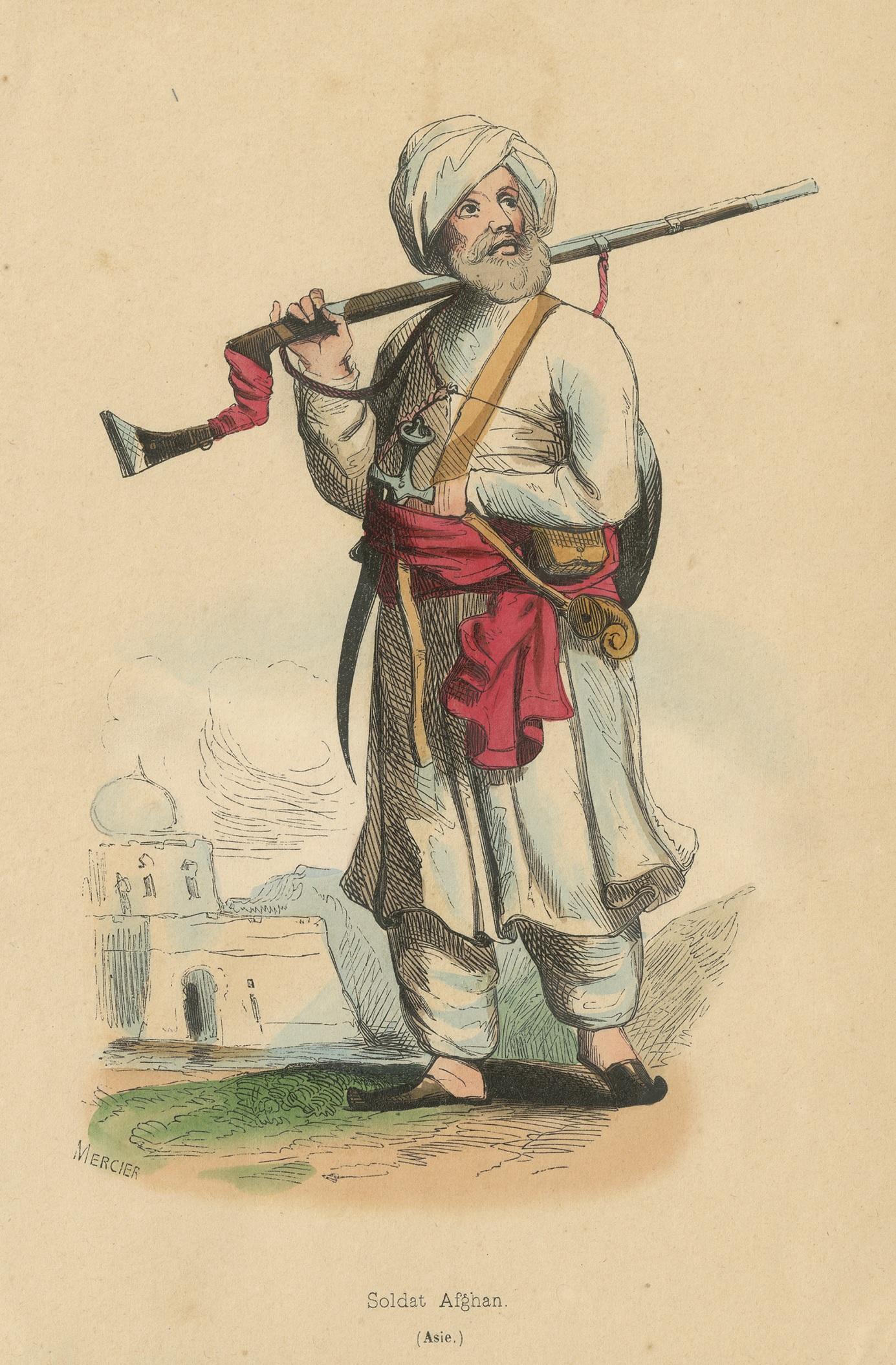 Antique Costume Print of an Afghan Soldier by Wahlen, '1843' In Good Condition For Sale In Langweer, NL