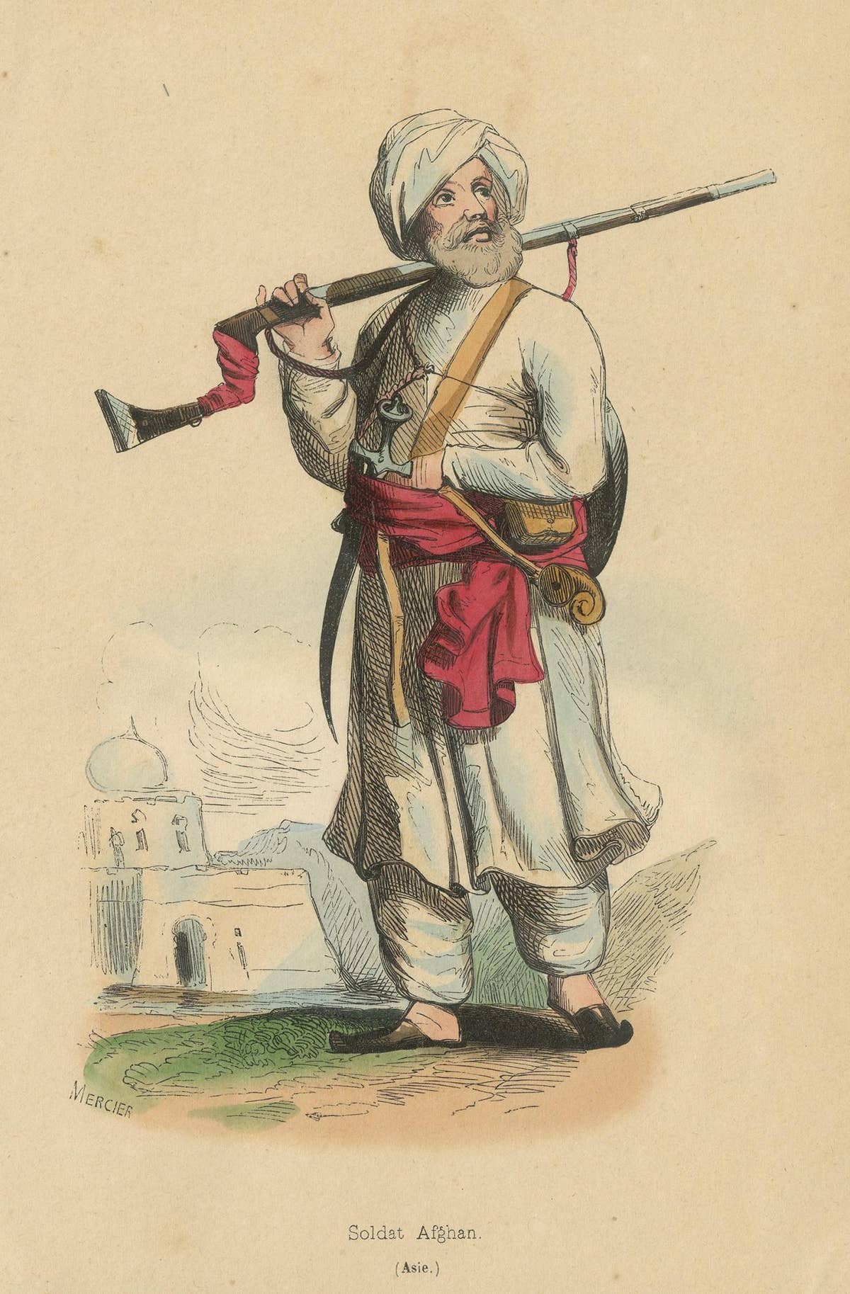 Antique Costume Print of an Afghan Soldier by Wahlen, '1843'