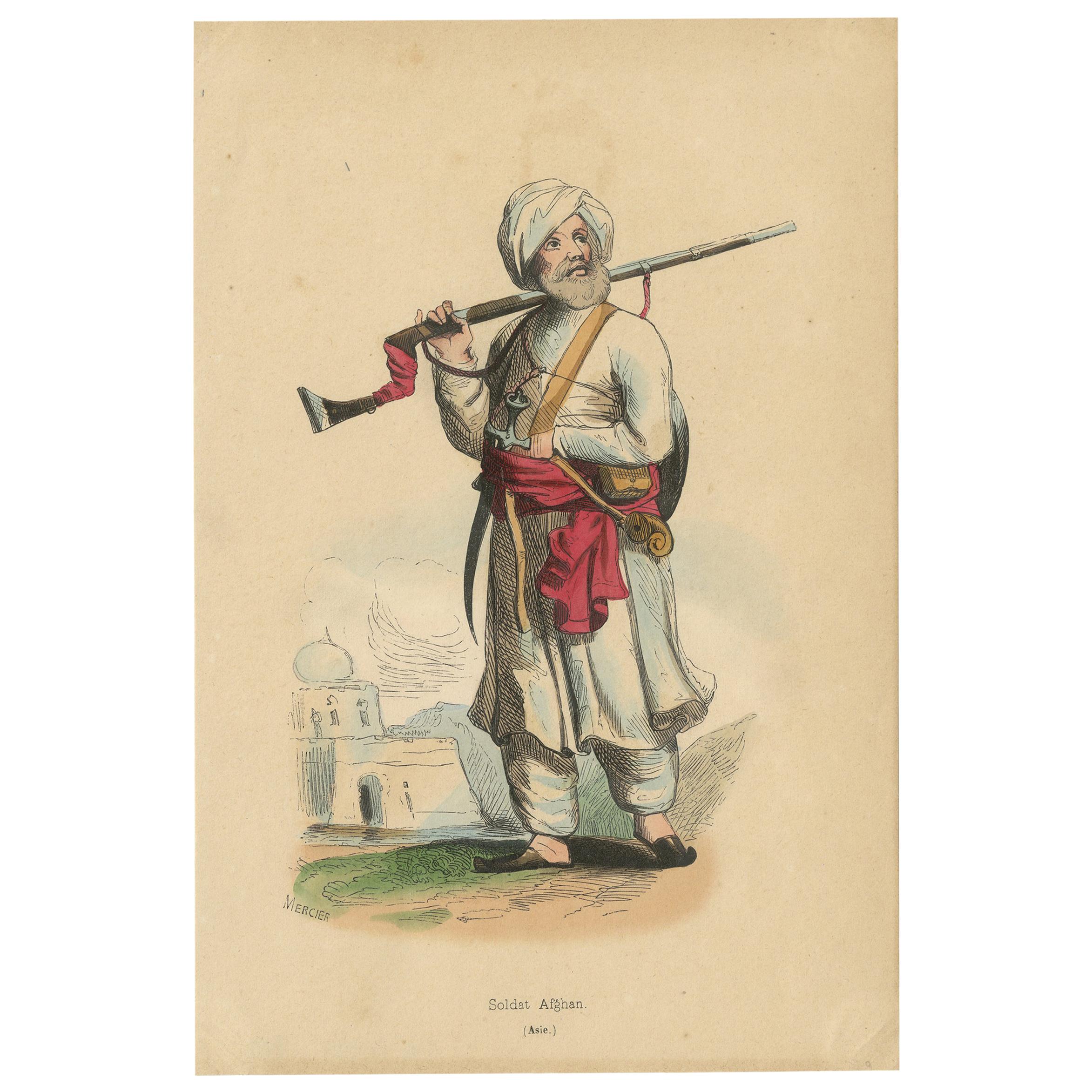 Antique Costume Print of an Afghan Soldier by Wahlen, '1843' For Sale