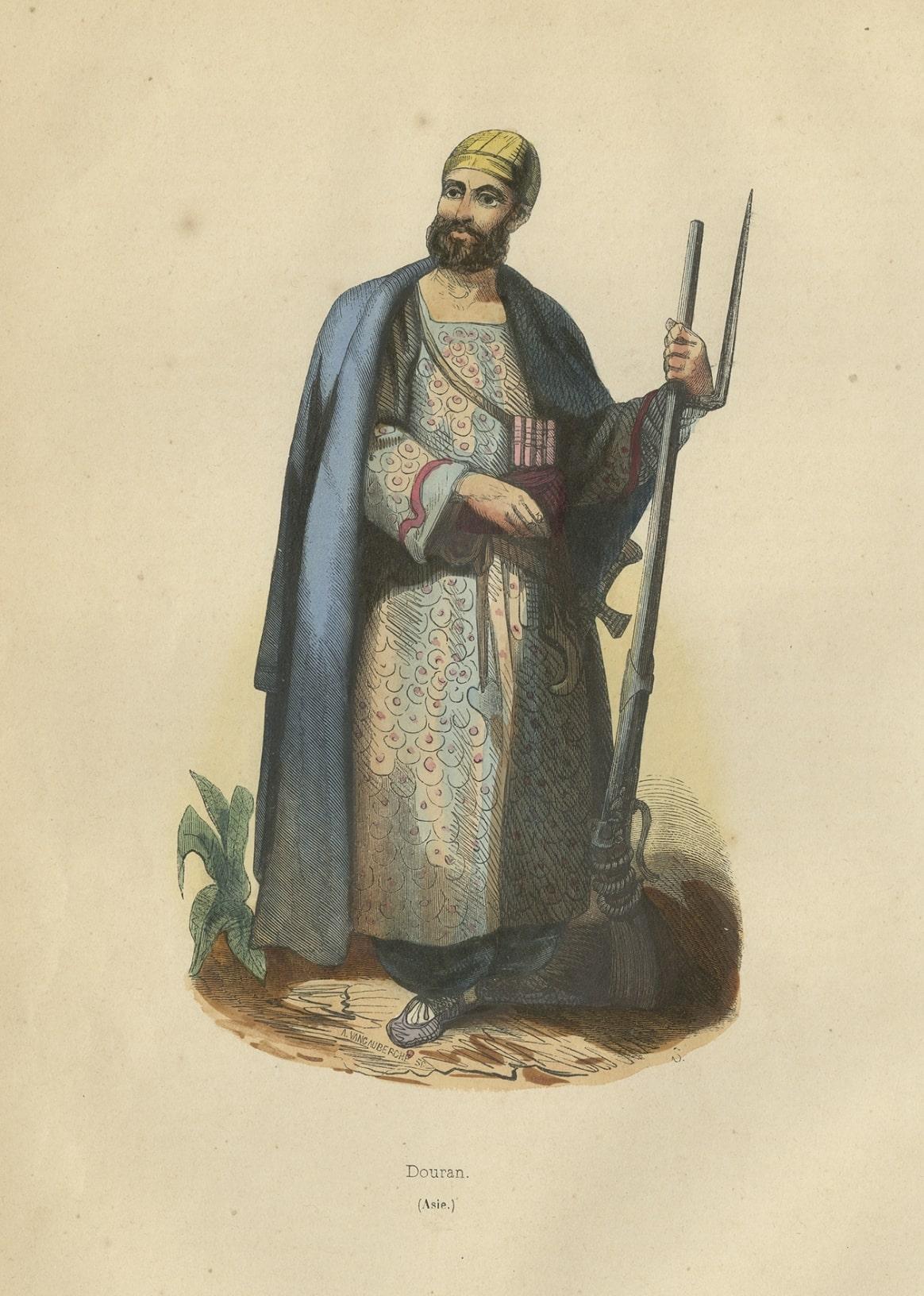 Antique Costume Print of an Arab 'Douran' with Weapons in Asia, 1843 In Good Condition For Sale In Langweer, NL