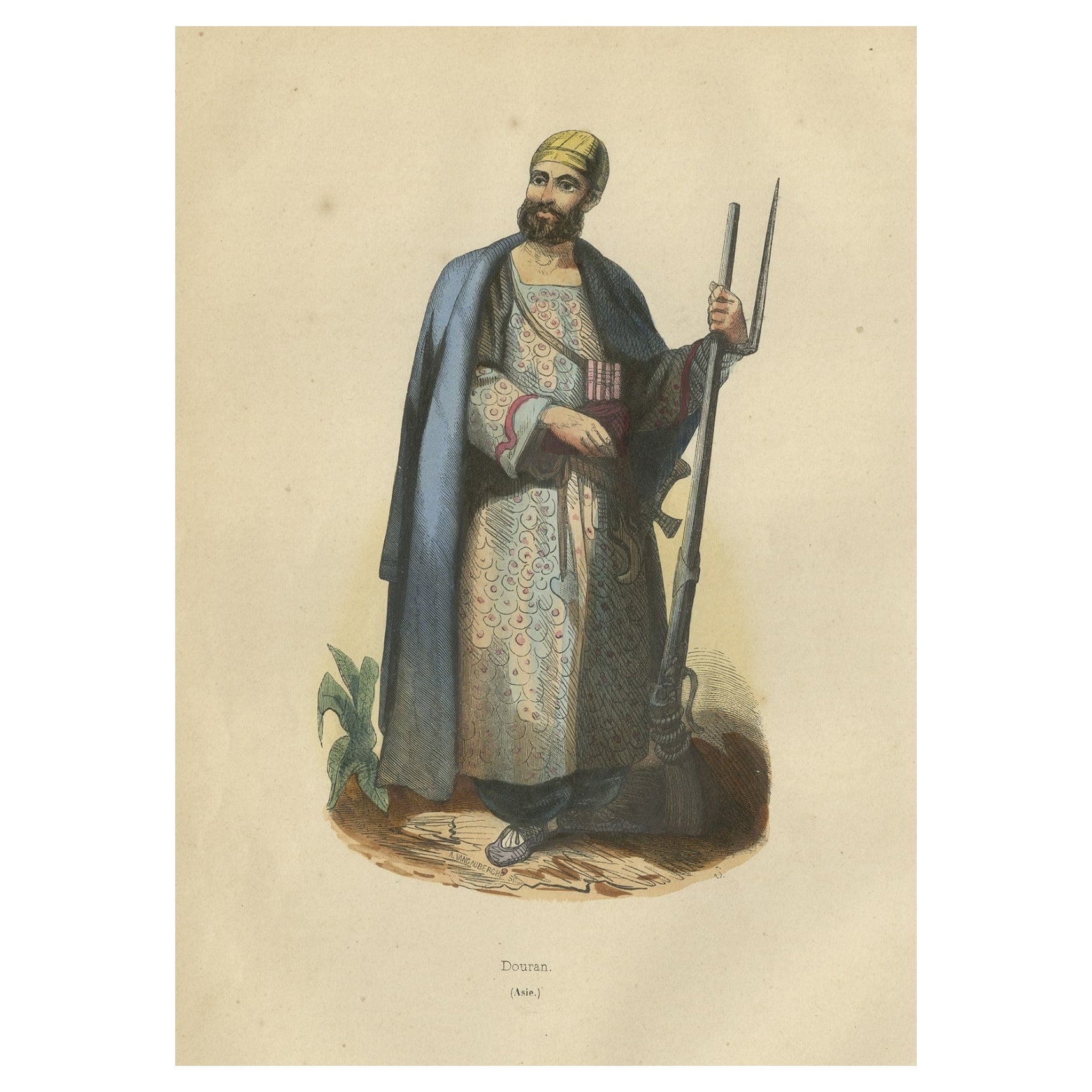 Antiker antiker Kostümdruck eines arabischen „Dourans“ mit Waffen in Asien, 1843