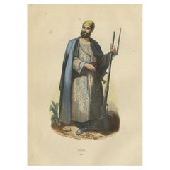 Antiker antiker Kostümdruck eines arabischen „Dourans“ mit Waffen in Asien, 1843