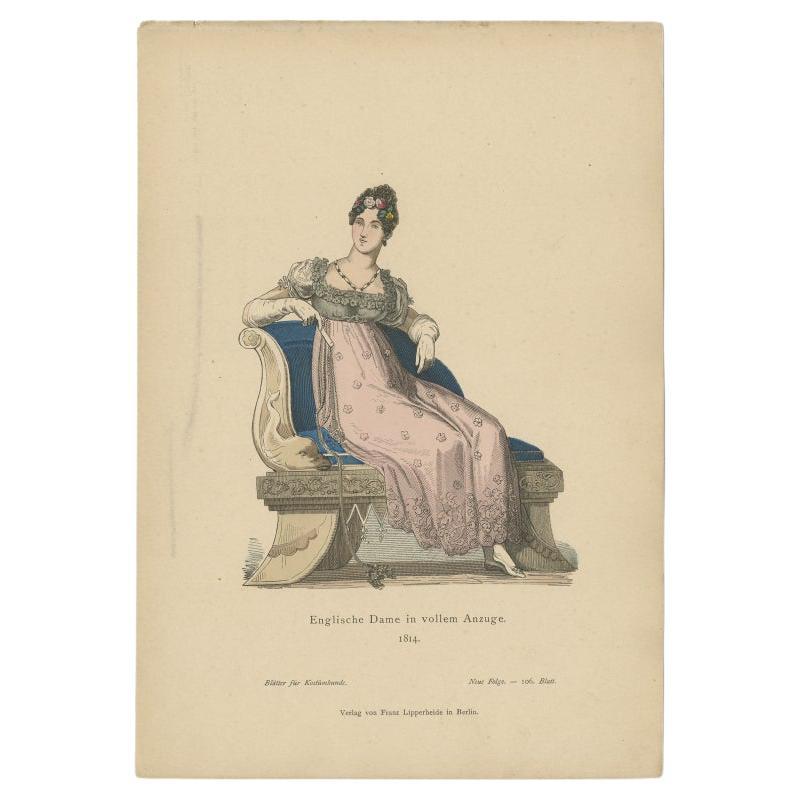 Grabado antiguo de traje de una dama inglesa en 1814, publicado en 1880