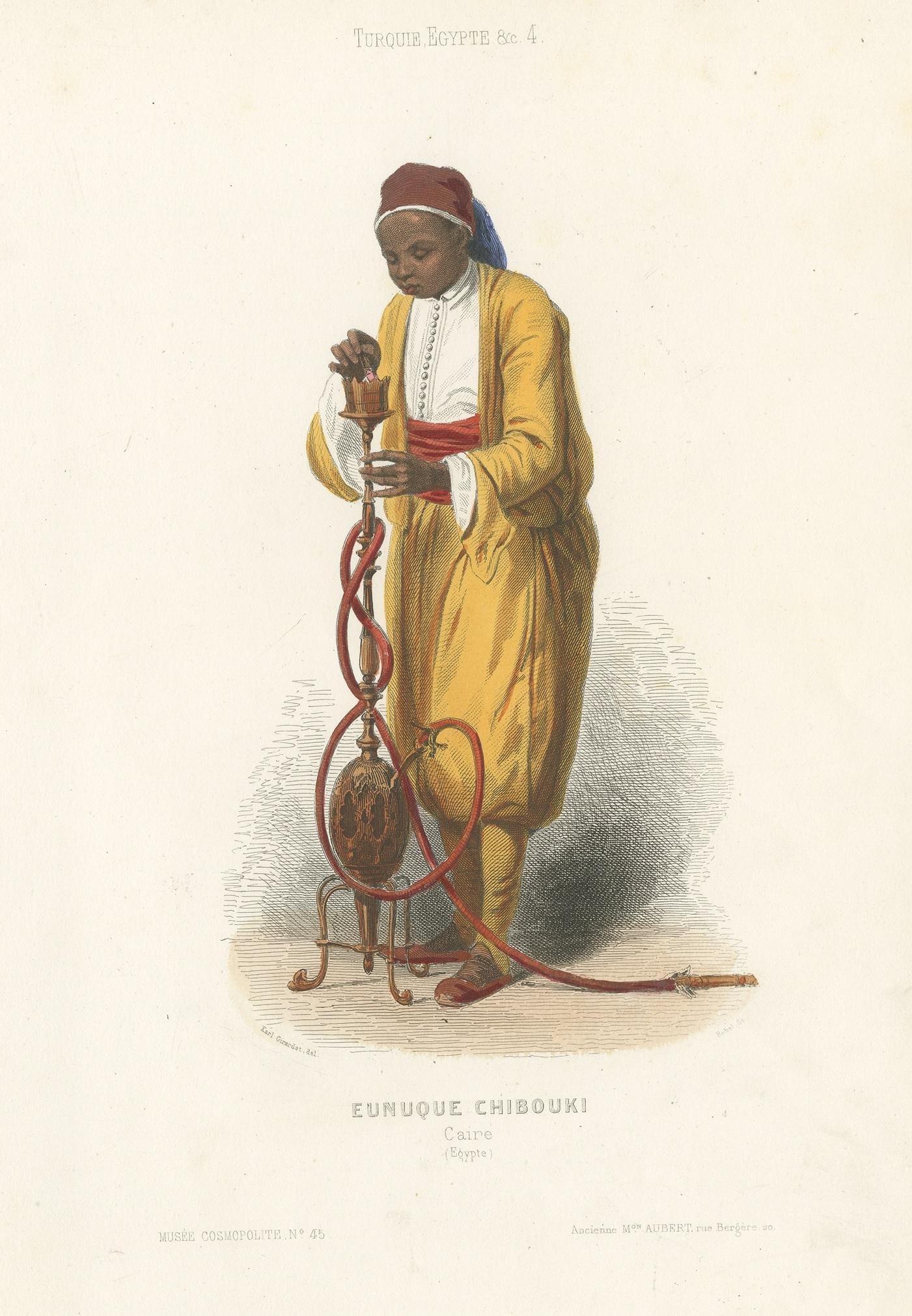 Antique costume print titled 'Eunuque Chibouki Caire (Egypte)'. Old print depicting an eunuch from Cairo, Egypt. The term eunuch generally refers to a man who has been castrated to serve a specific social function. This print originates from