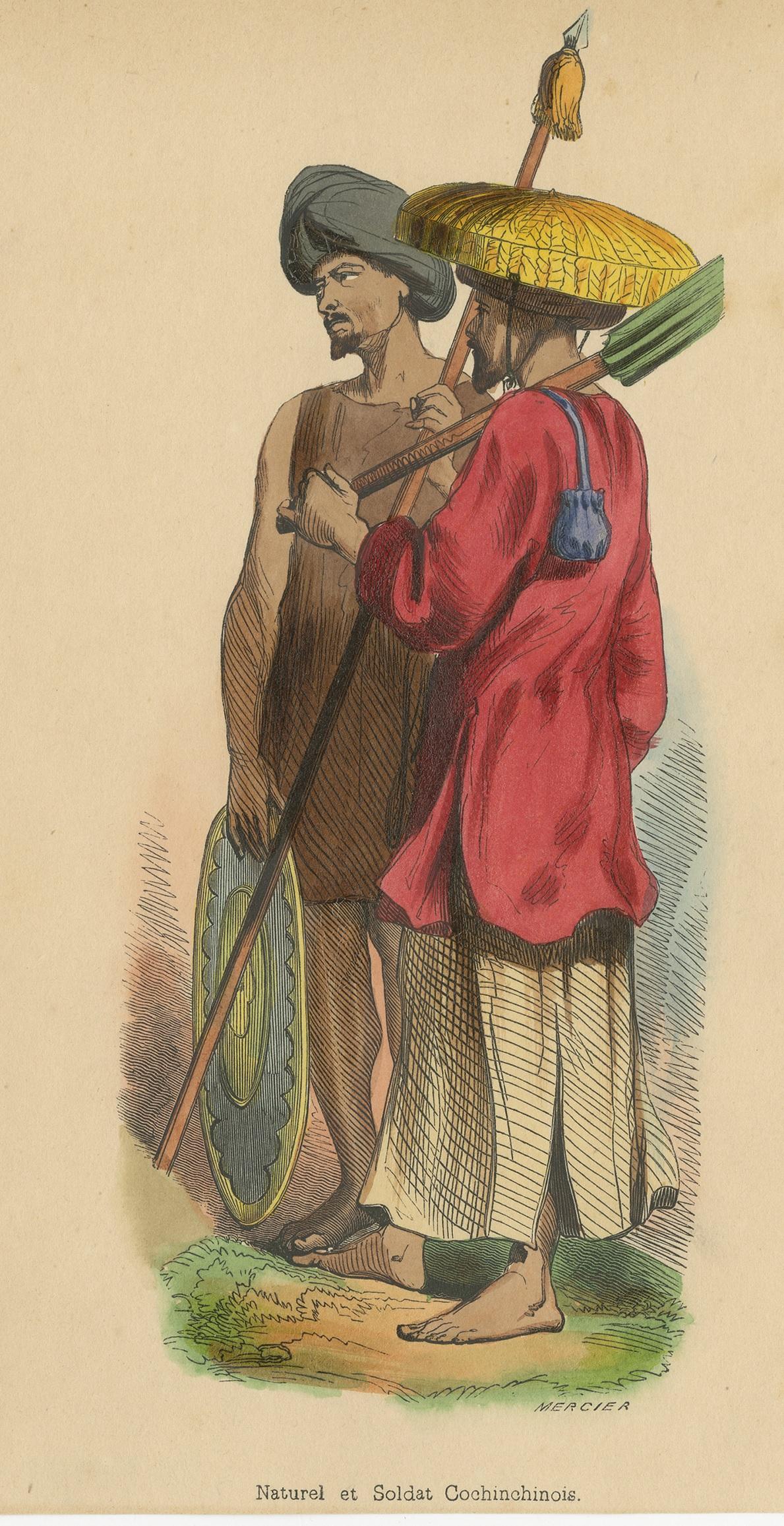 Antique Costume Print of an Inhabitant and Soldier of Cochinchina by Wahlen In Good Condition For Sale In Langweer, NL