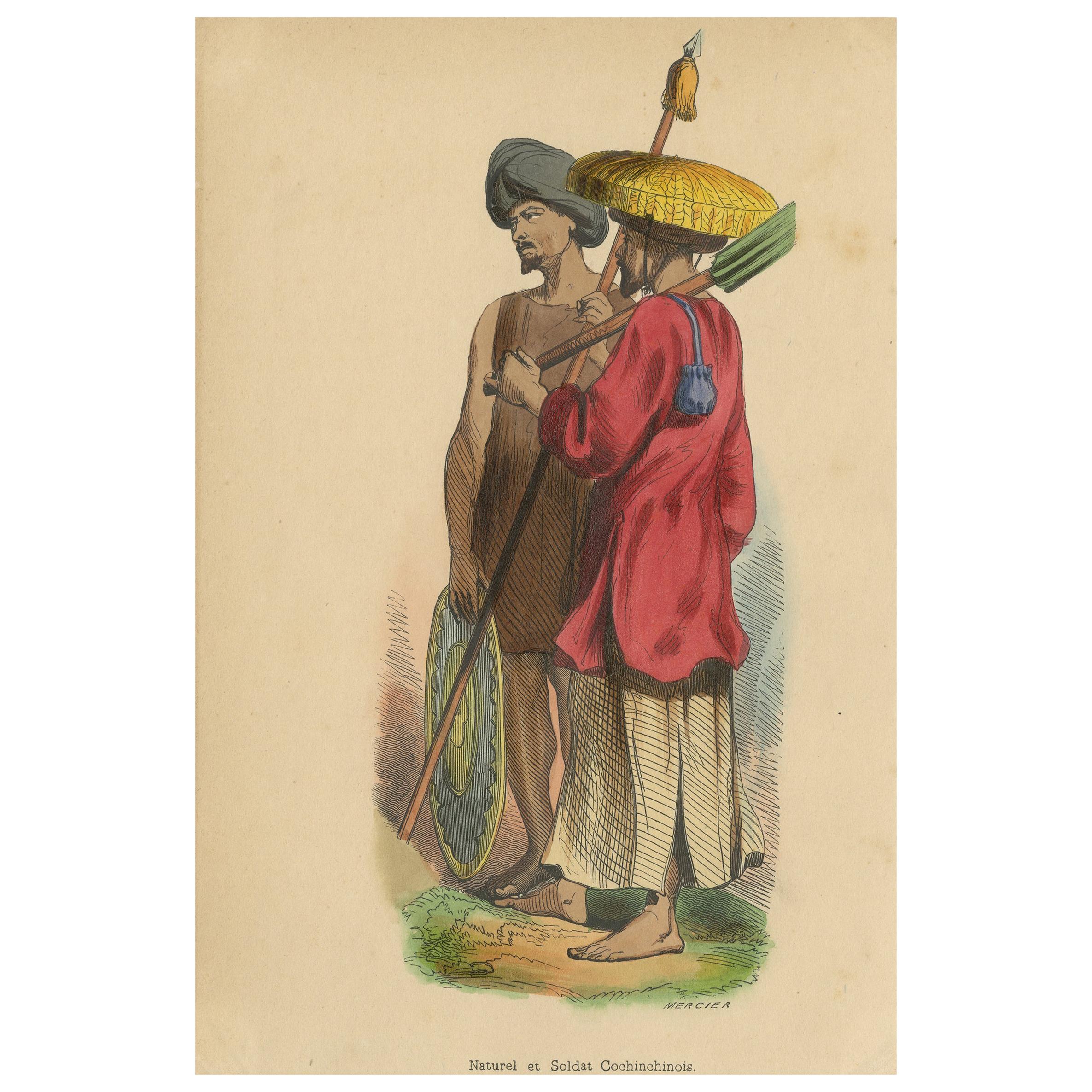 Antique Costume Print of an Inhabitant and Soldier of Cochinchina by Wahlen For Sale