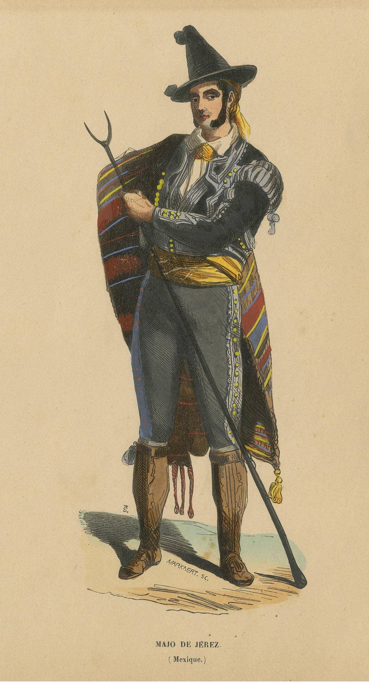 Antique Costume Print of an Inhabitant of Jerez by Wahlen, 1843