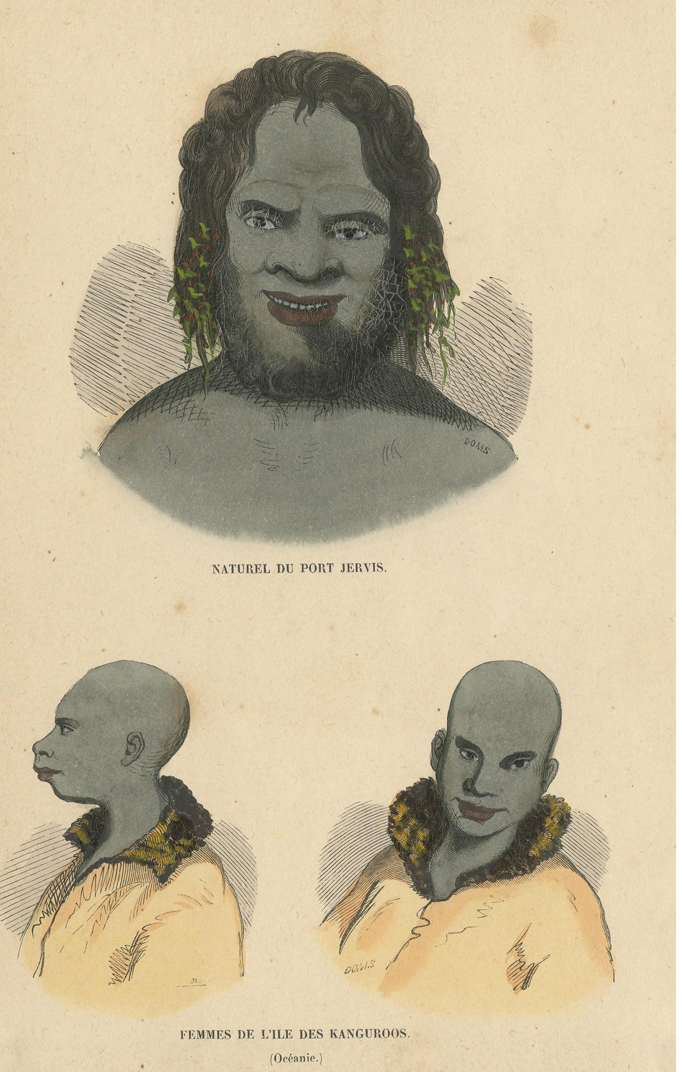 Ancienne estampe de costume d'un habitants de Port Jérusalem et de femmes de l'île du Kangourou Bon état - En vente à Langweer, NL