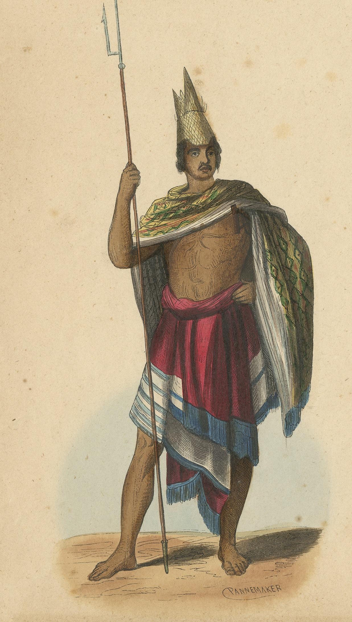 Estampa costumbrista antigua titulada 'Naturel de l'Ile Rotti'. Grabado original antiguo de un habitante de la isla de Rote, Indonesia. Este grabado procede de 